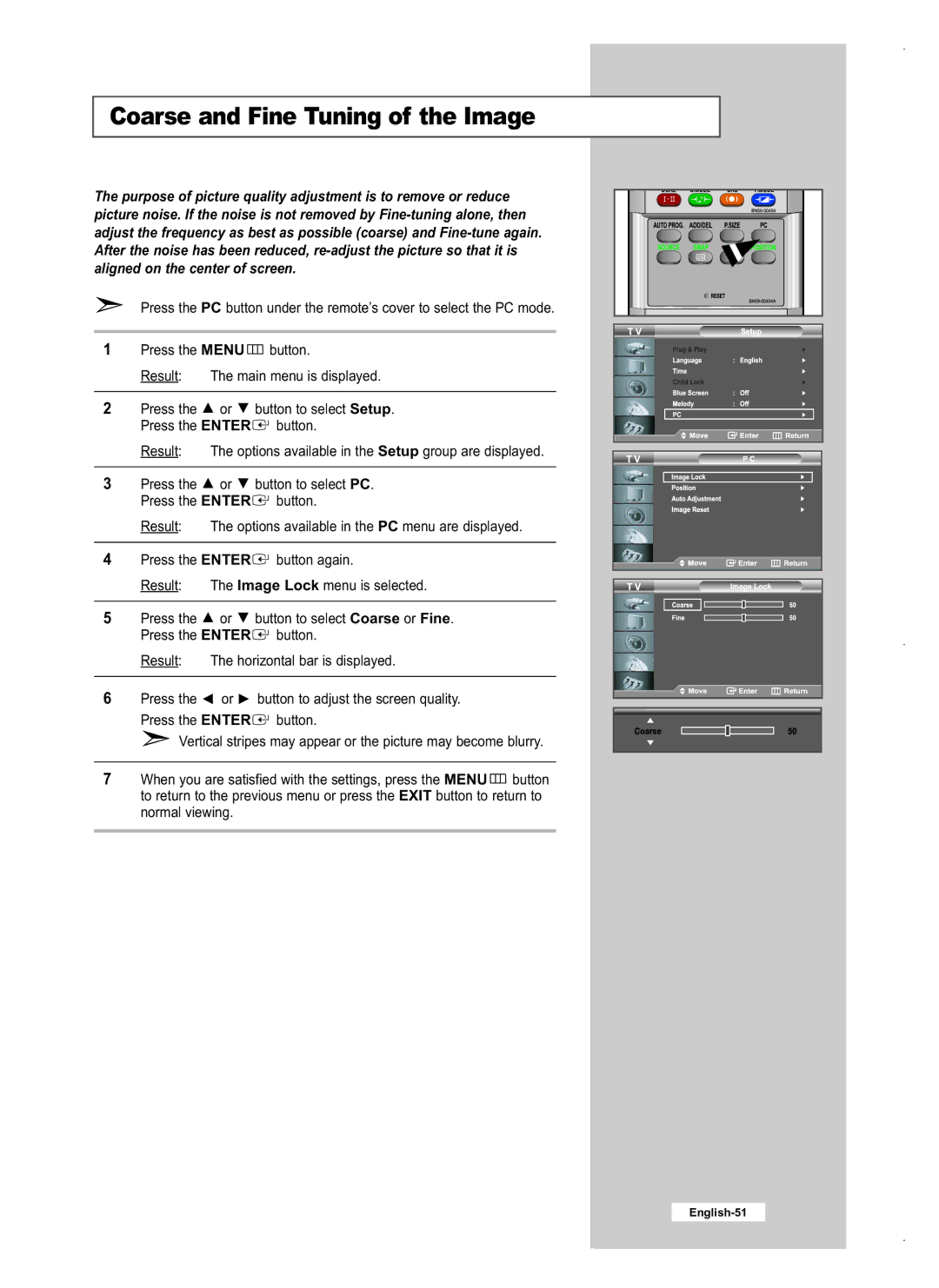 Samsung LE32M5, LE40M5, LE26M5 manual Coarse and Fine Tuning of the Image 