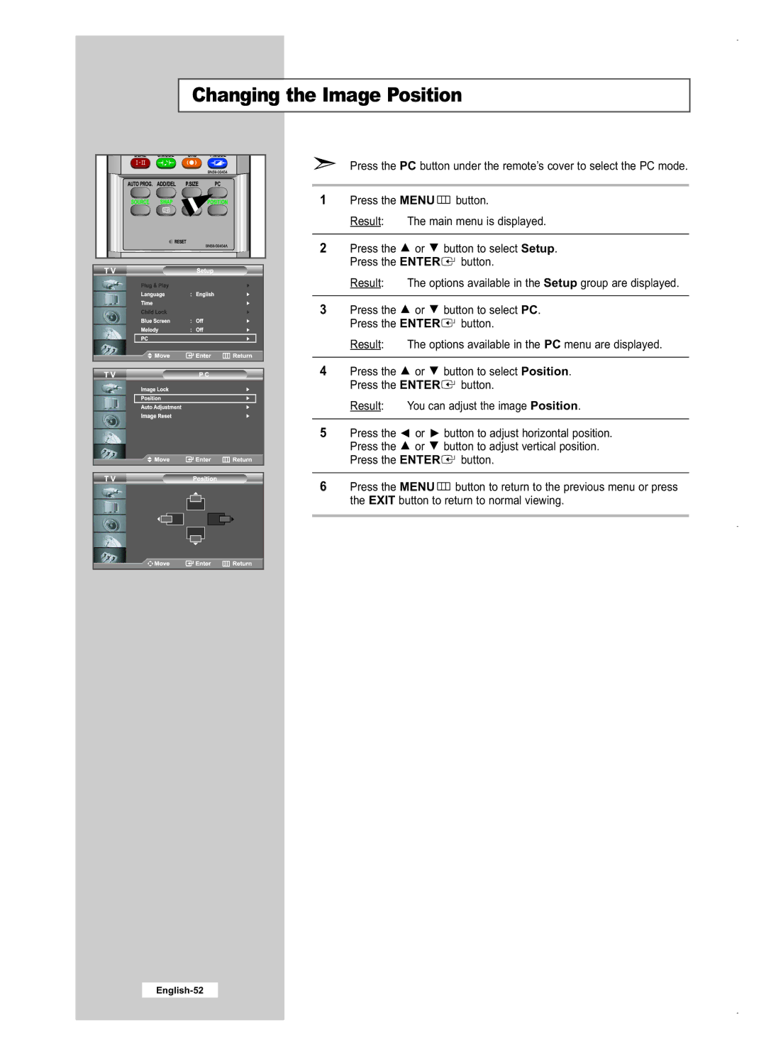 Samsung LE40M5, LE26M5, LE32M5 manual Changing the Image Position 