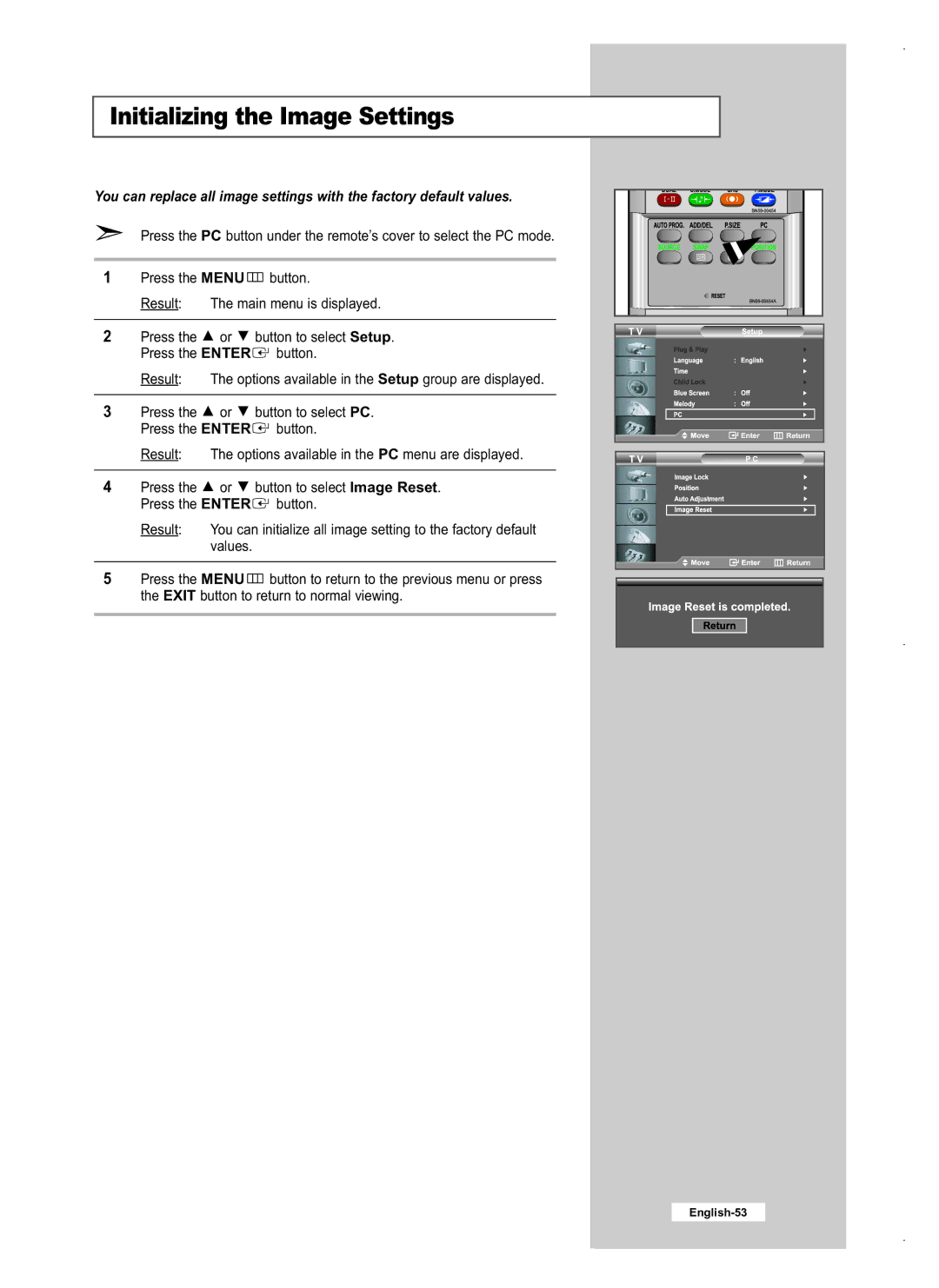 Samsung LE26M5, LE40M5, LE32M5 manual Initializing the Image Settings 