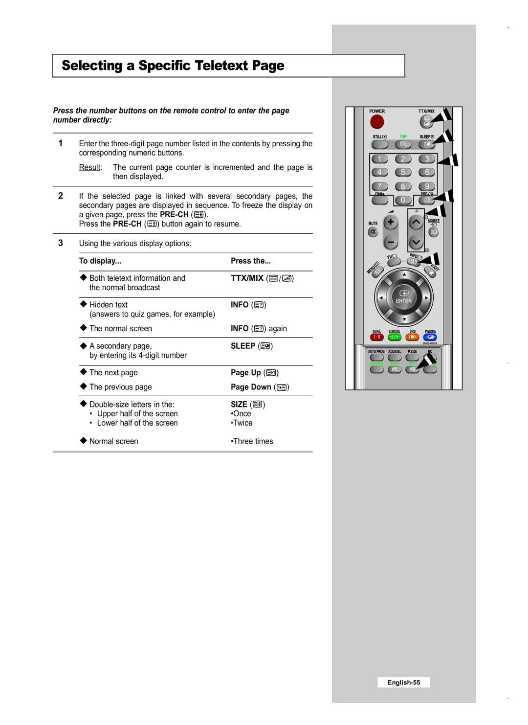 Samsung LE40M5, LE26M5, LE32M5 manual Selecting a Specific Teletext, Down 