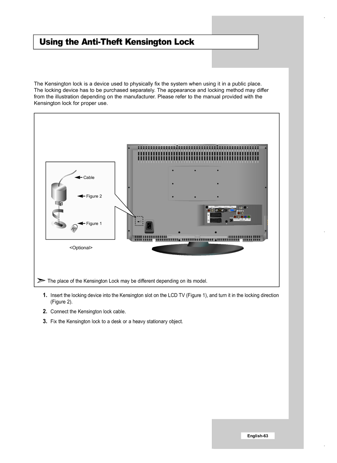 Samsung LE32M5, LE40M5, LE26M5 manual Using the Anti-Theft Kensington Lock 