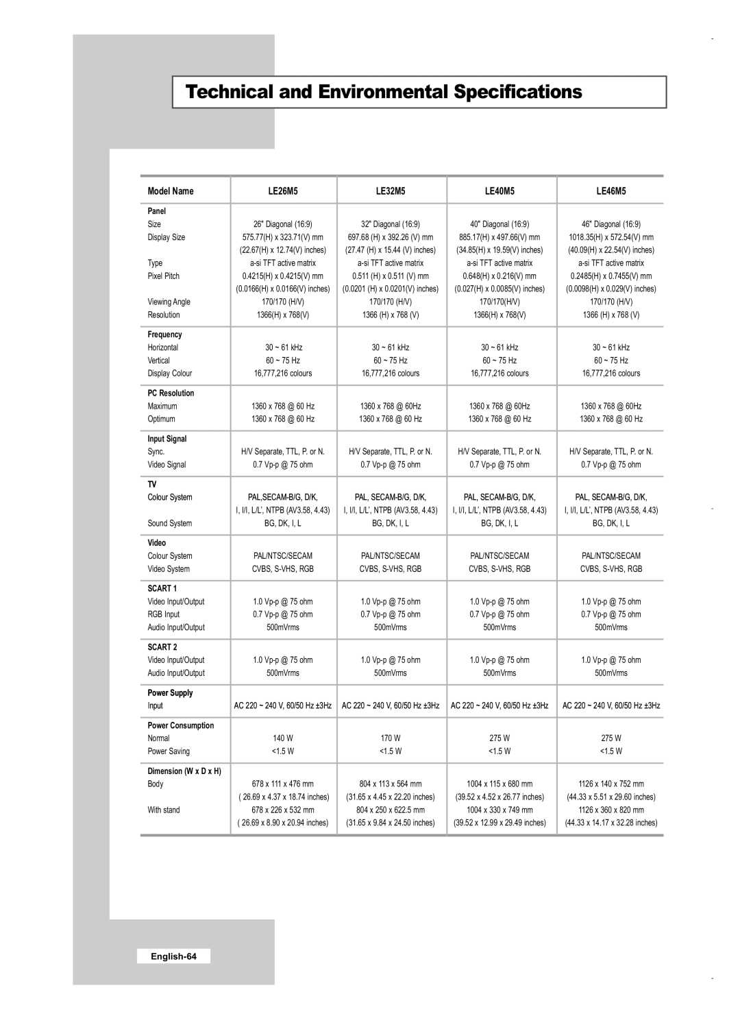 Samsung LE26M5 manual Technical and Environmental Specifications, LE32M5 LE40M5 LE46M5 