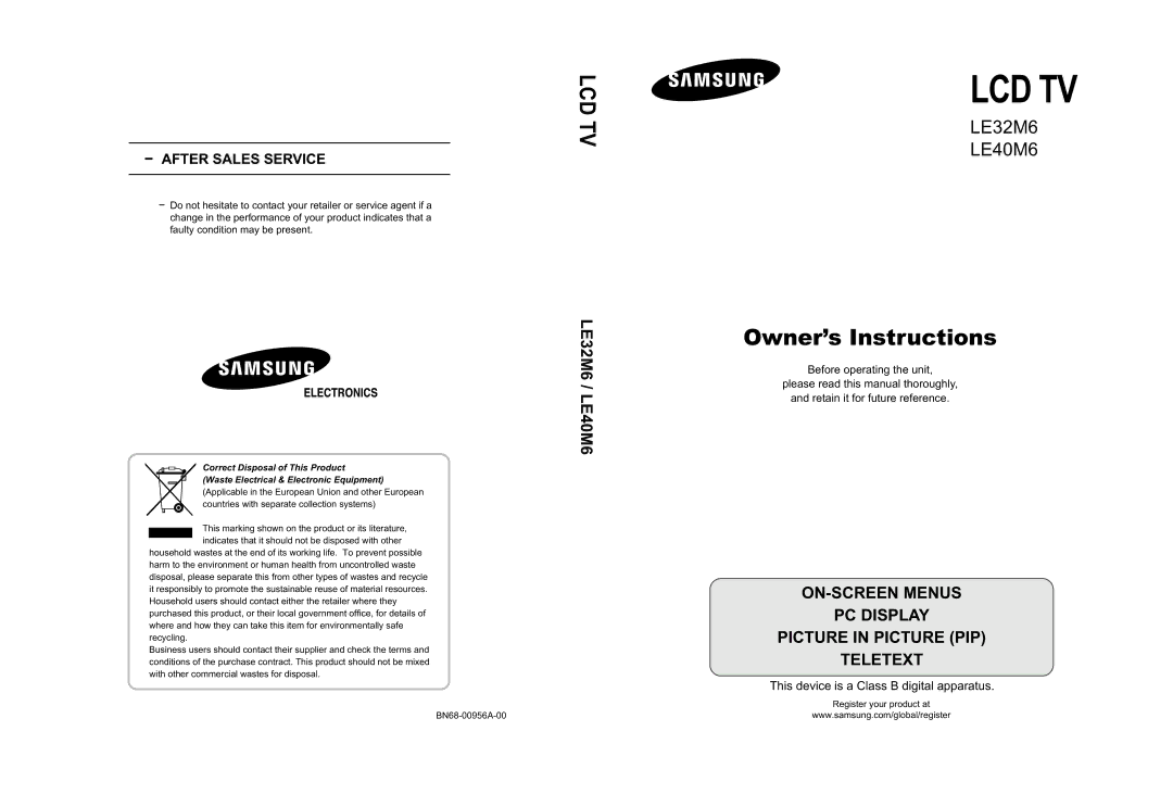 Samsung LE32M6, LE40M6 manual Lcd Tv 