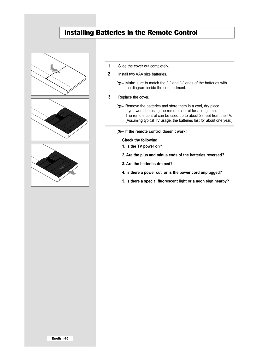 Samsung LE40M6, LE32M6 manual Installing Batteries in the Remote Control 