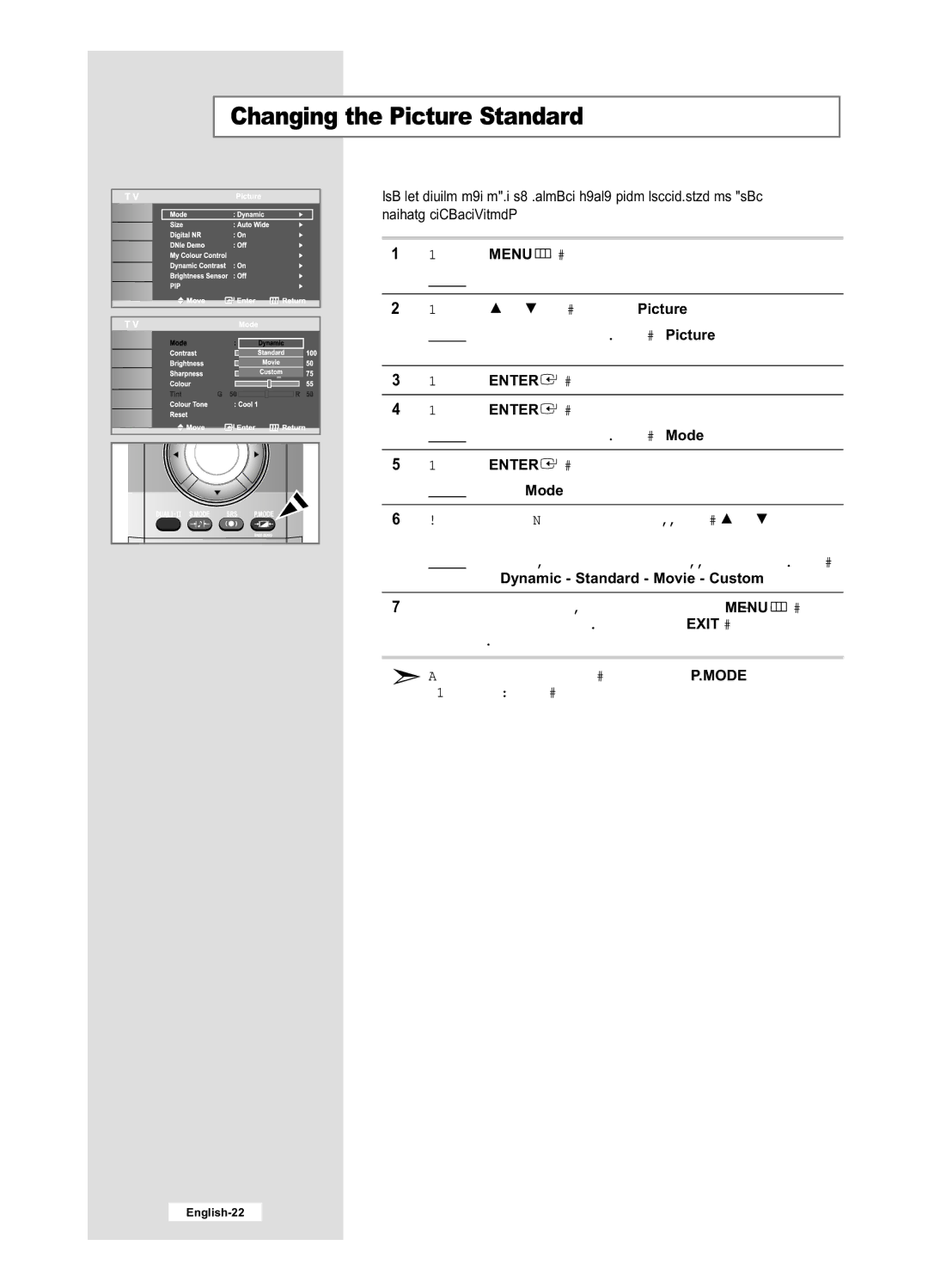 Samsung LE40M6, LE32M6 manual Changing the Picture Standard, Dynamic Standard Movie Custom 