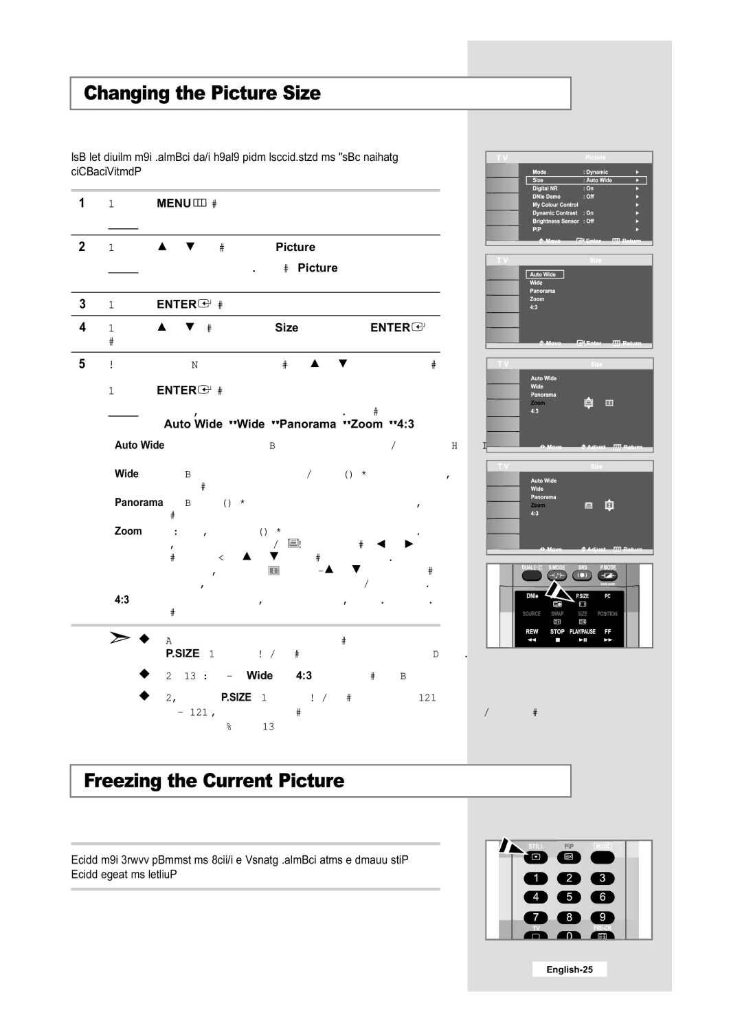 Samsung LE32M6, LE40M6 manual Changing the Picture Size, Freezing the Current Picture, Auto Wide Wide Panorama Zoom 