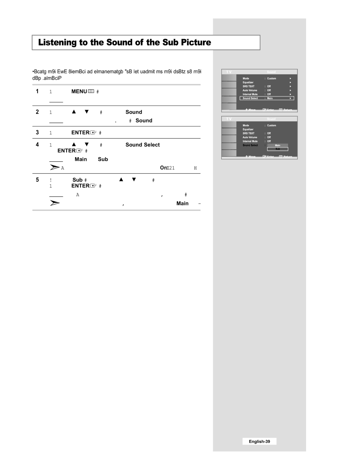 Samsung LE32M6, LE40M6 manual Listening to the Sound of the Sub Picture 