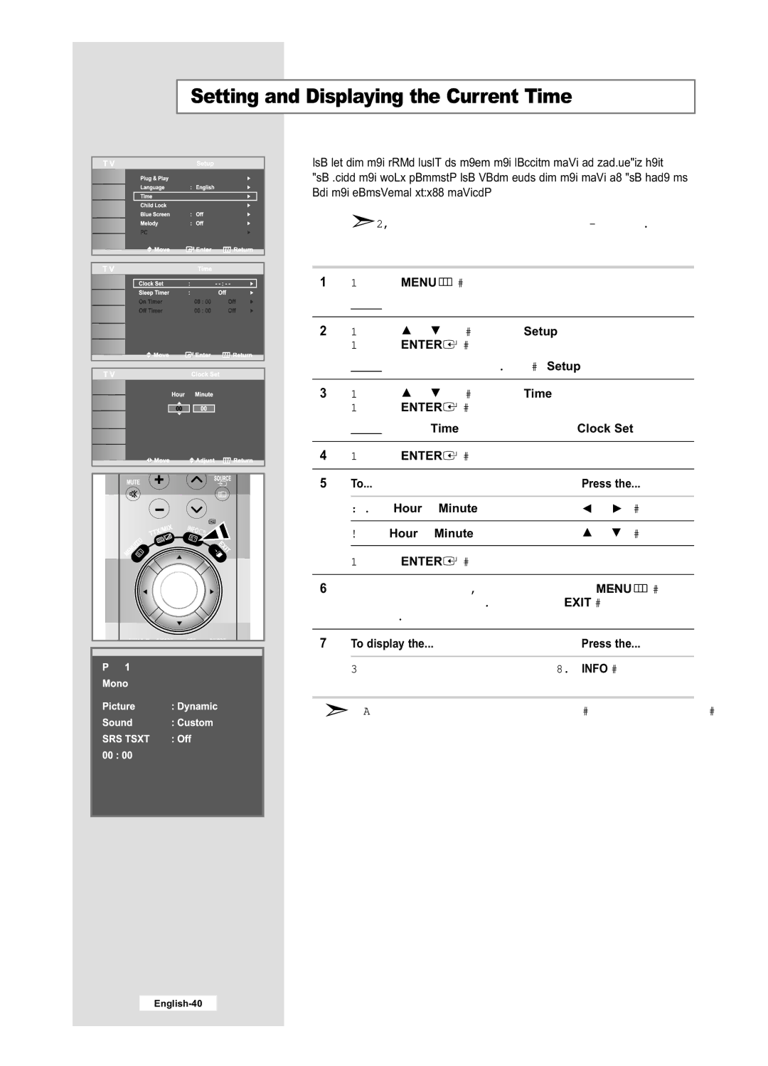 Samsung LE40M6, LE32M6 manual Setting and Displaying the Current Time, To display 