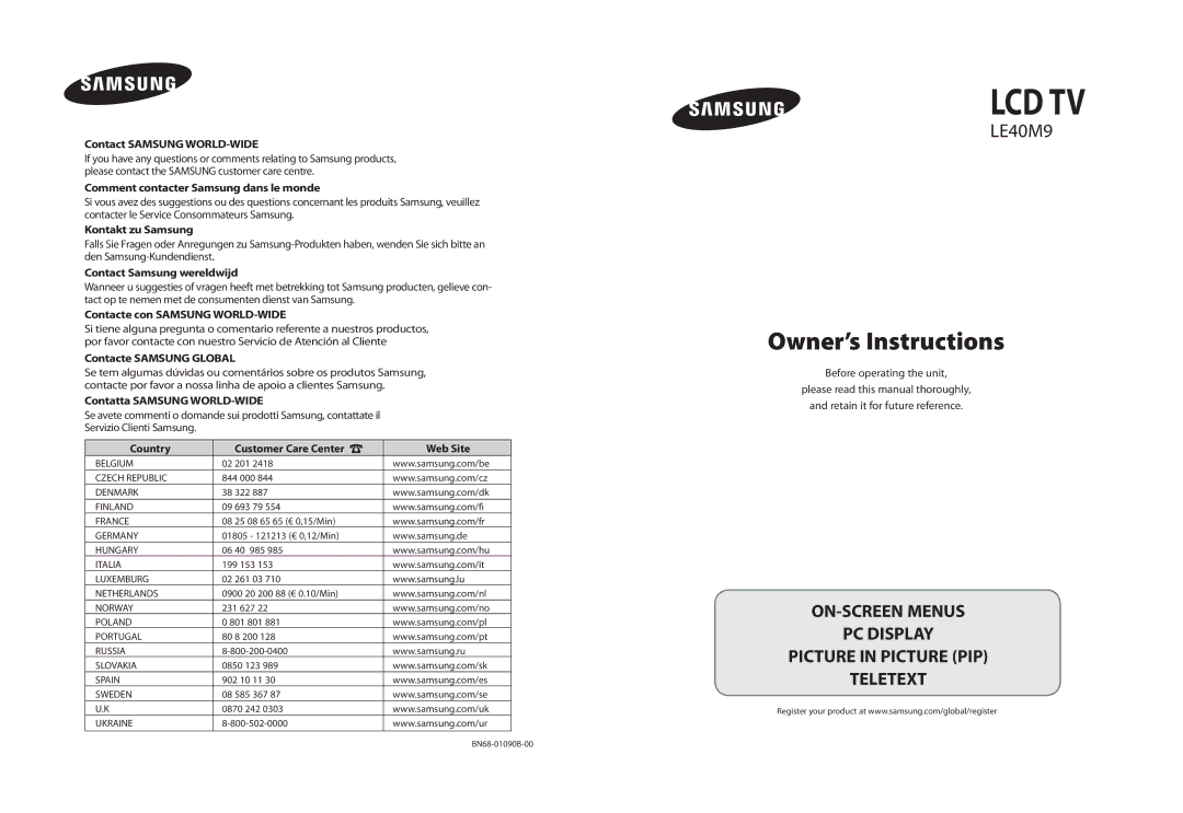 Samsung LE40M9 manual Contact Samsung WORLD-WIDE, Comment contacter Samsung dans le monde, Kontakt zu Samsung 