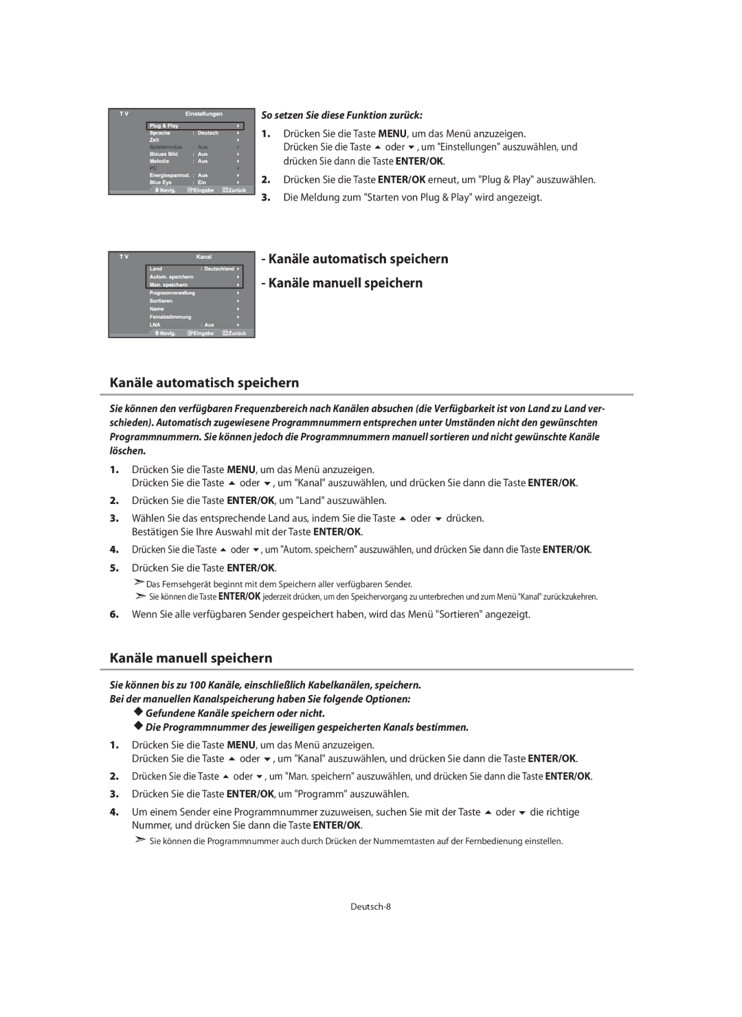 Samsung LE40M9 manual Kanäle manuell speichern, Kanäle automatisch speichern, So setzen Sie diese Funktion zurück 