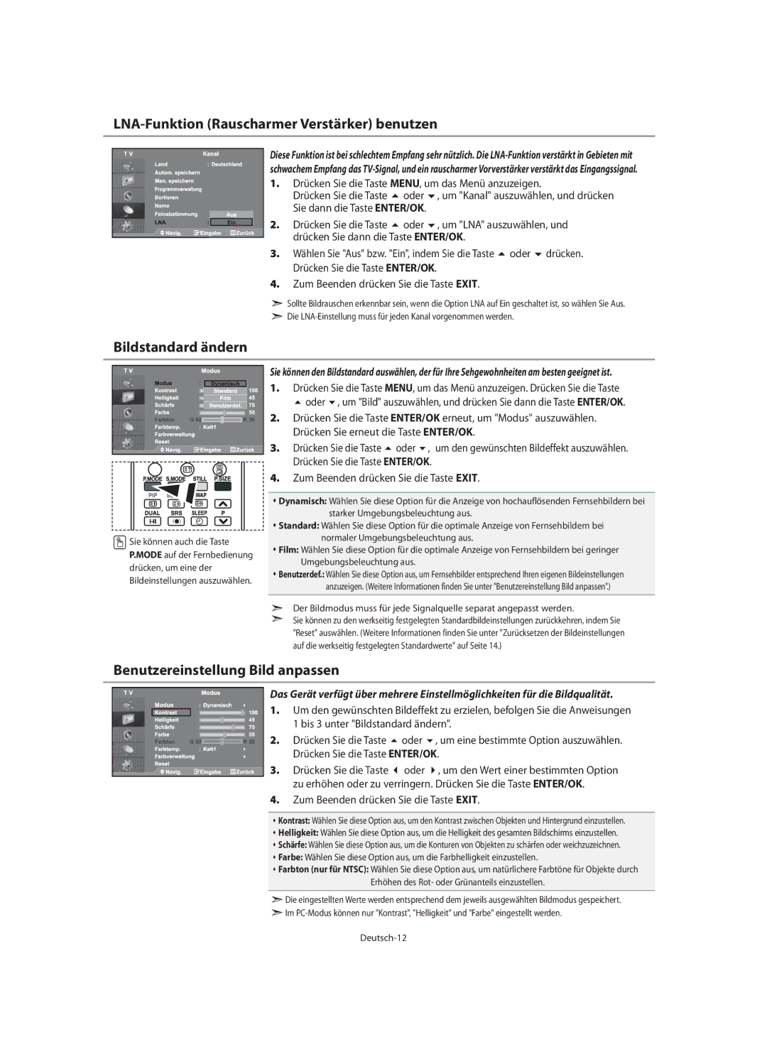 Samsung LE40M9 manual LNA-Funktion Rauscharmer Verstärker benutzen, Bildstandard ändern, Benutzereinstellung Bild anpassen 