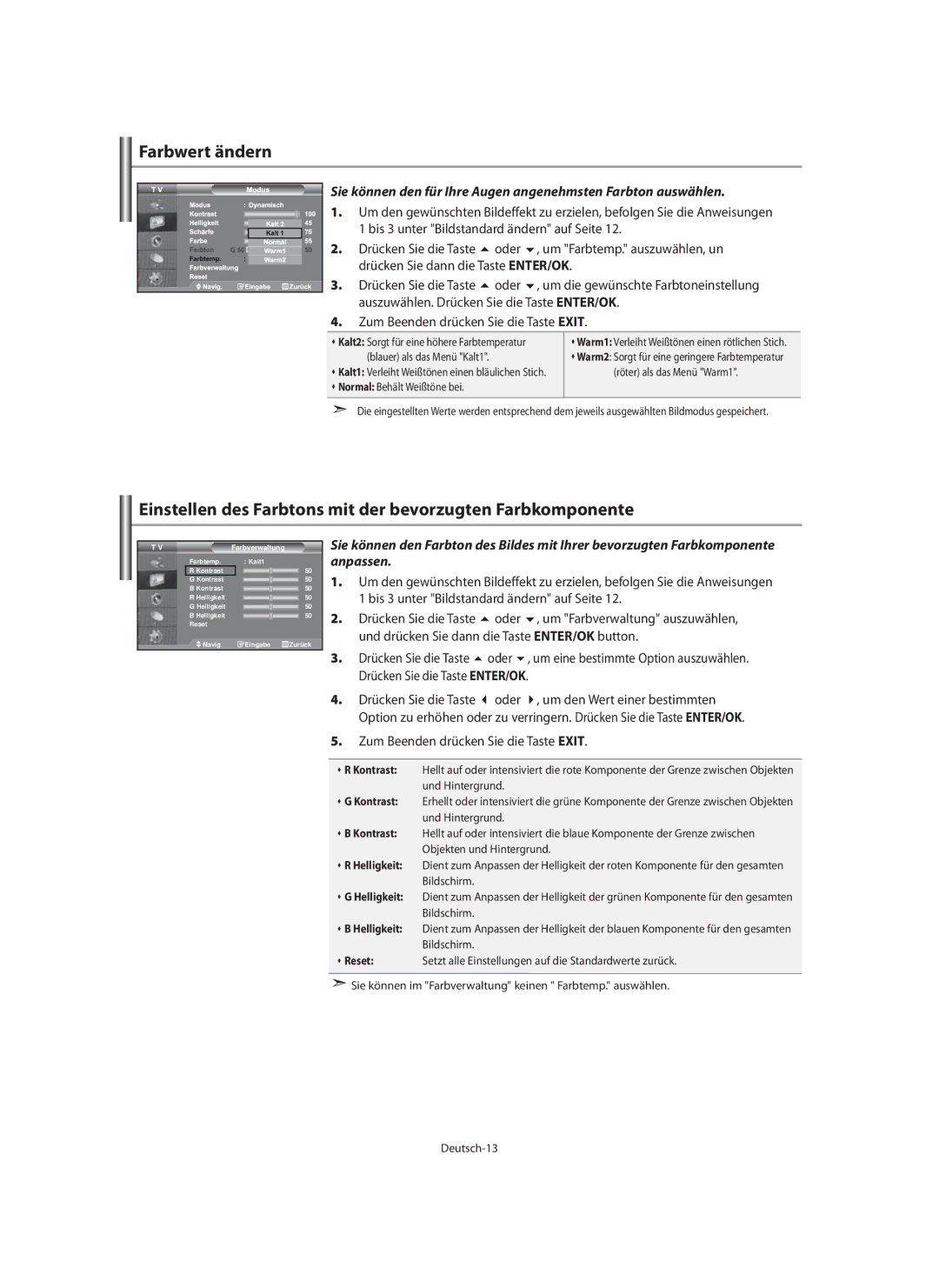 Samsung LE40M9 manual Farbwert ändern, Einstellen des Farbtons mit der bevorzugten Farbkomponente 