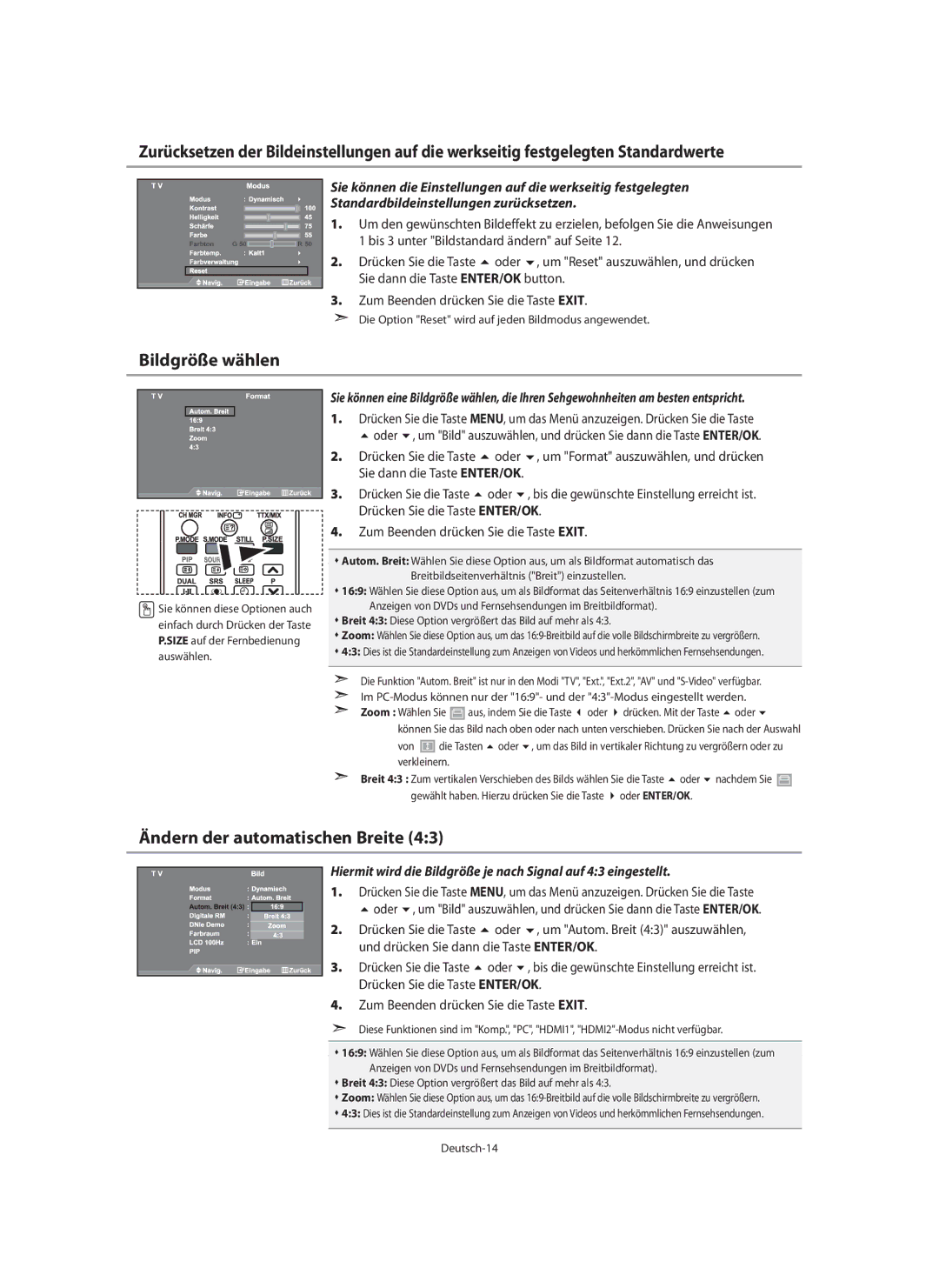 Samsung LE40M9 manual Bildgröße wählen, Ändern der automatischen Breite, Oder ENTER/OK 