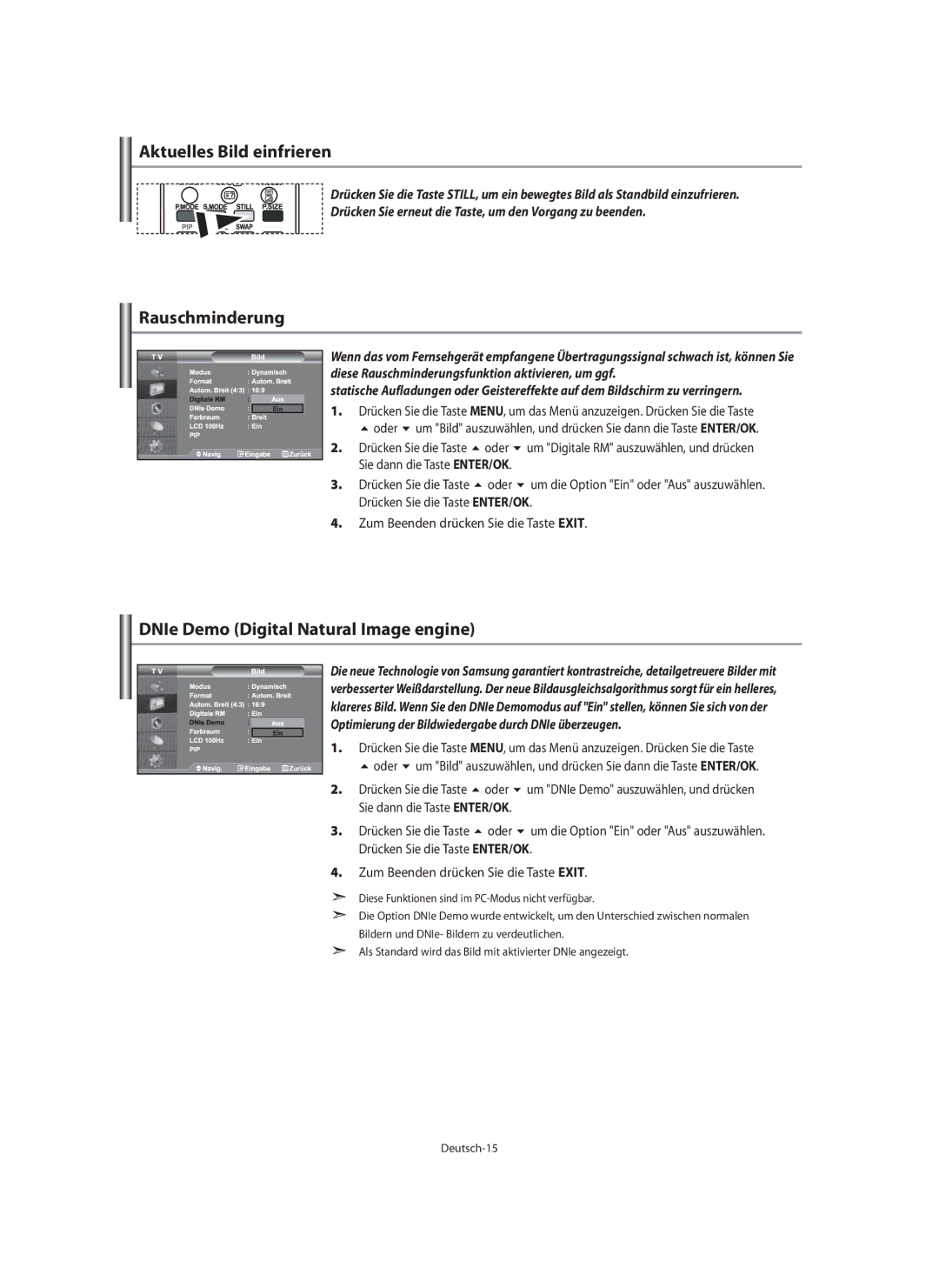 Samsung LE40M9 manual Aktuelles Bild einfrieren, Rauschminderung, Optimierung der Bildwiedergabe durch DNIe überzeugen 