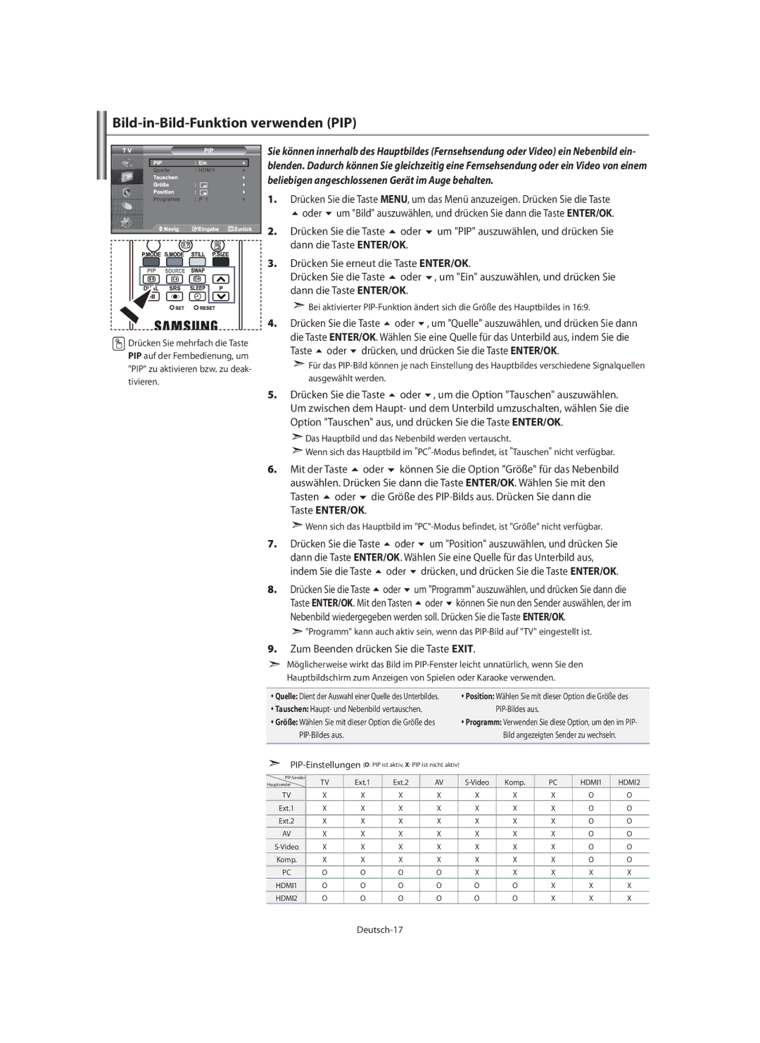 Samsung LE40M9 manual Bild-in-Bild-Funktion verwenden PIP, Taste ENTER/OK 