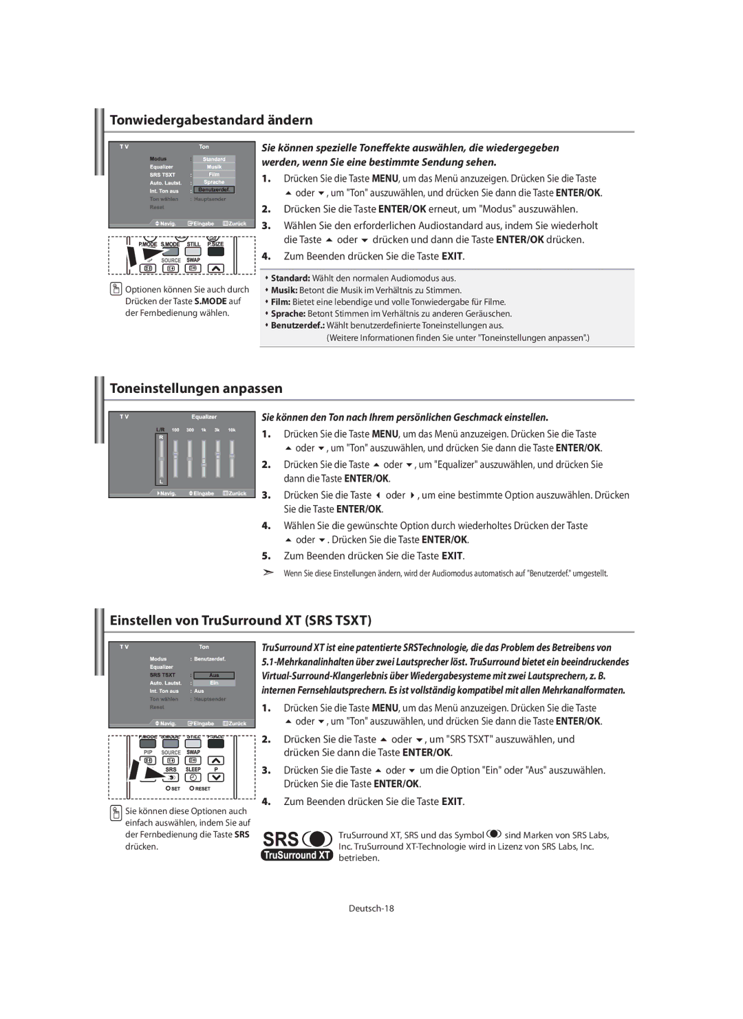 Samsung LE40M9 manual Tonwiedergabestandard ändern, Toneinstellungen anpassen, Einstellen von TruSurround XT SRS Tsxt 