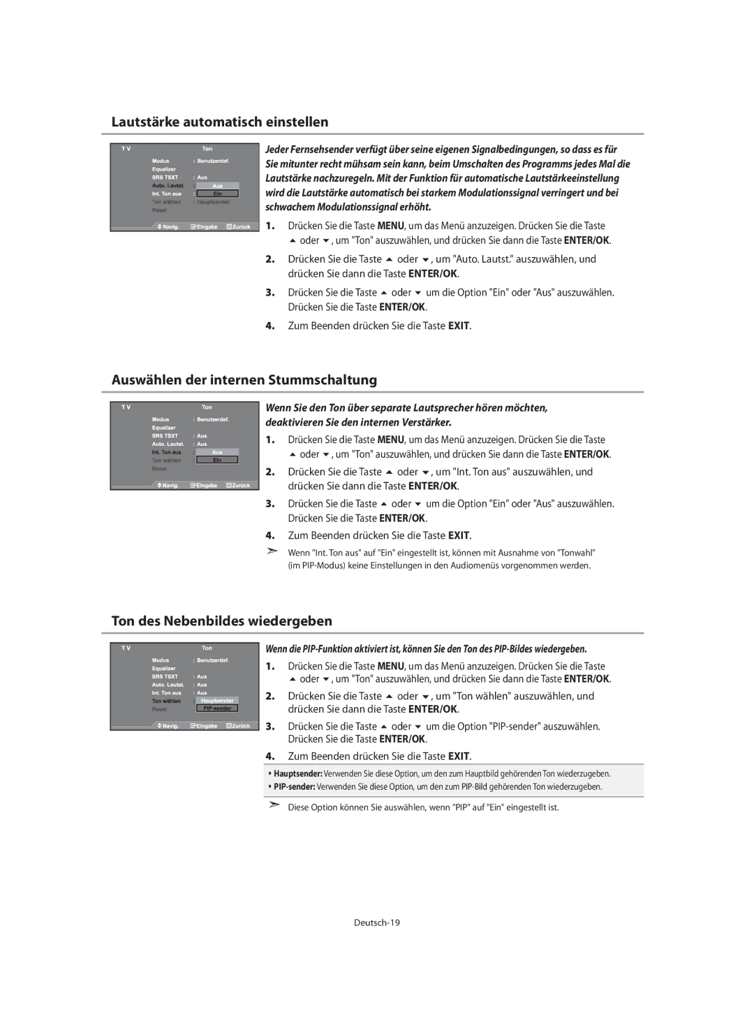 Samsung LE40M9 Lautstärke automatisch einstellen, Auswählen der internen Stummschaltung, Ton des Nebenbildes wiedergeben 