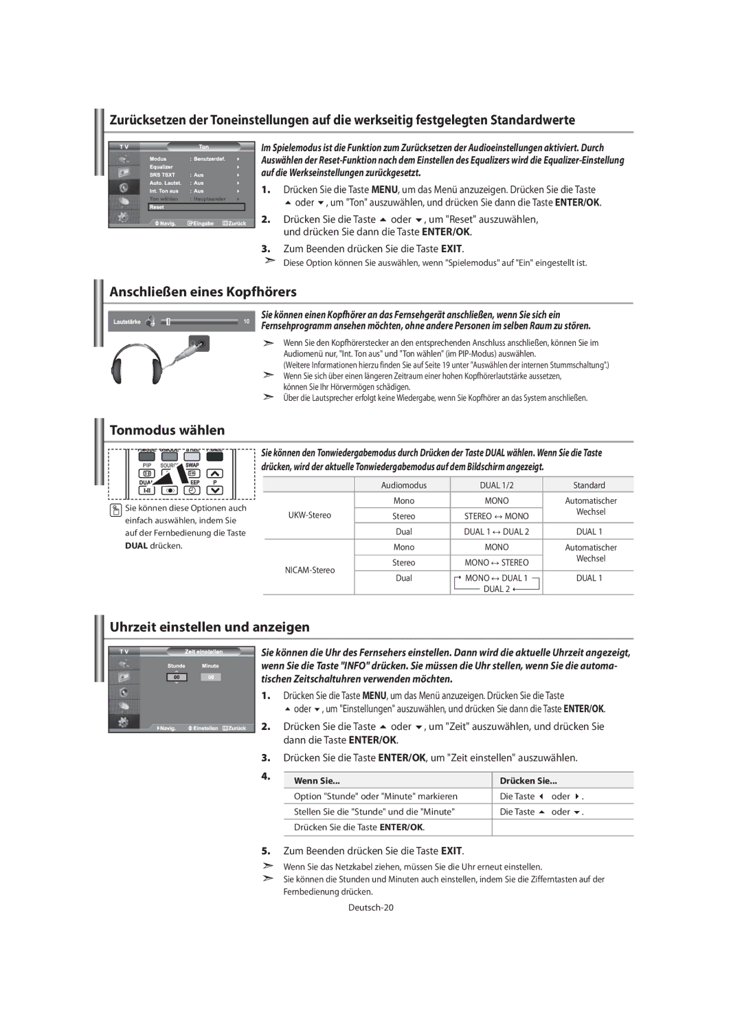 Samsung LE40M9 manual Anschließen eines Kopfhörers, Tonmodus wählen, Uhrzeit einstellen und anzeigen 