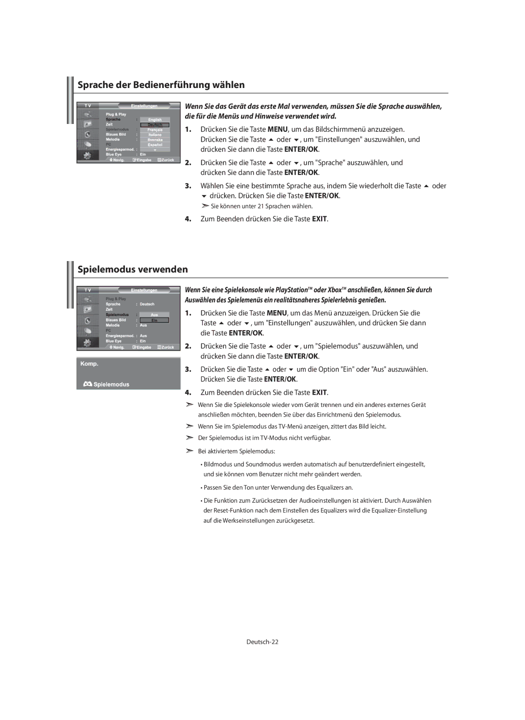 Samsung LE40M9 manual Sprache der Bedienerführung wählen, Spielemodus verwenden, Drücken. Drücken Sie die Taste ENTER/OK 