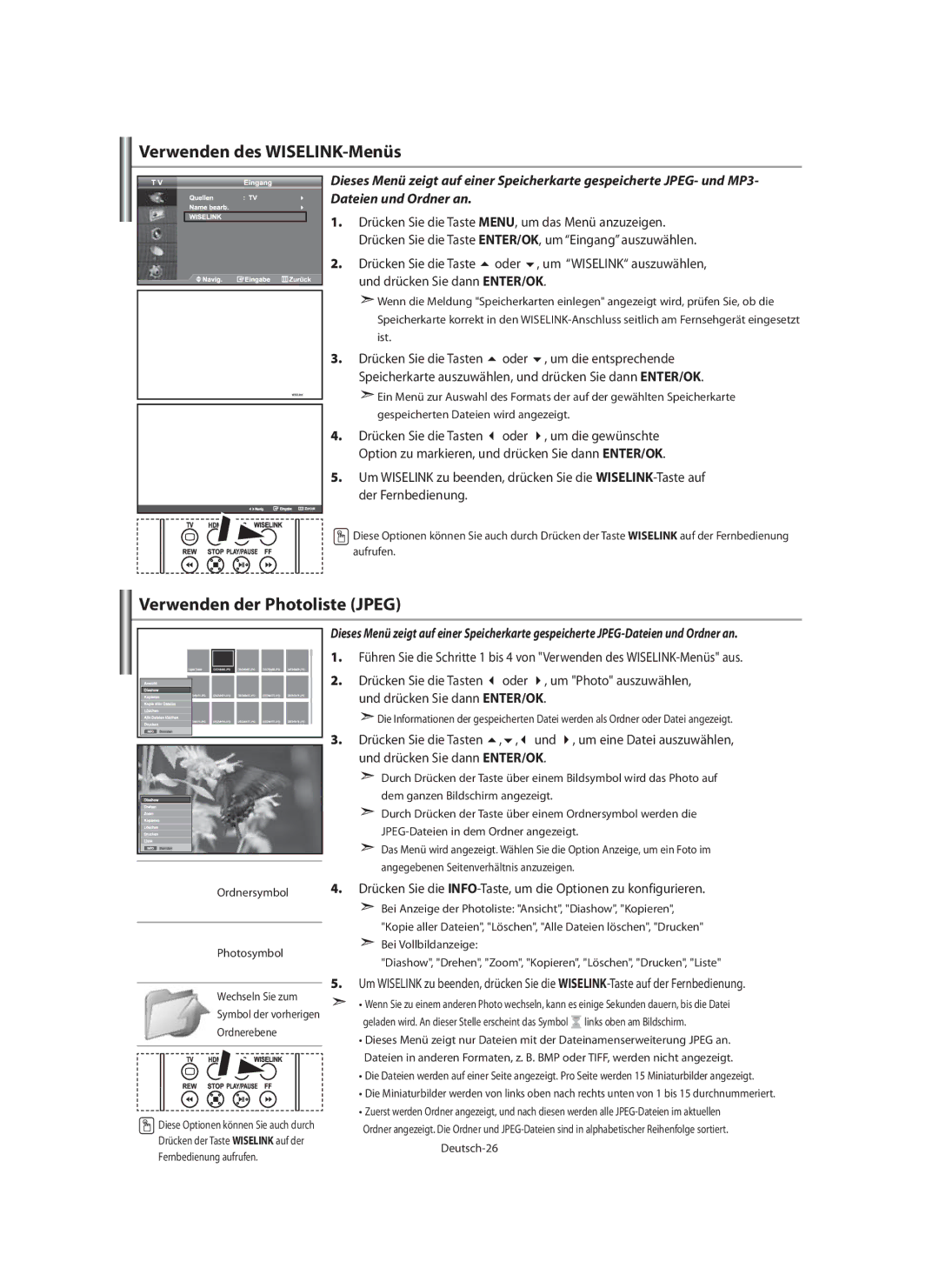 Samsung LE40M9 manual Verwenden des WISELINK-Menüs, Verwenden der Photoliste Jpeg, Deutsch-26 