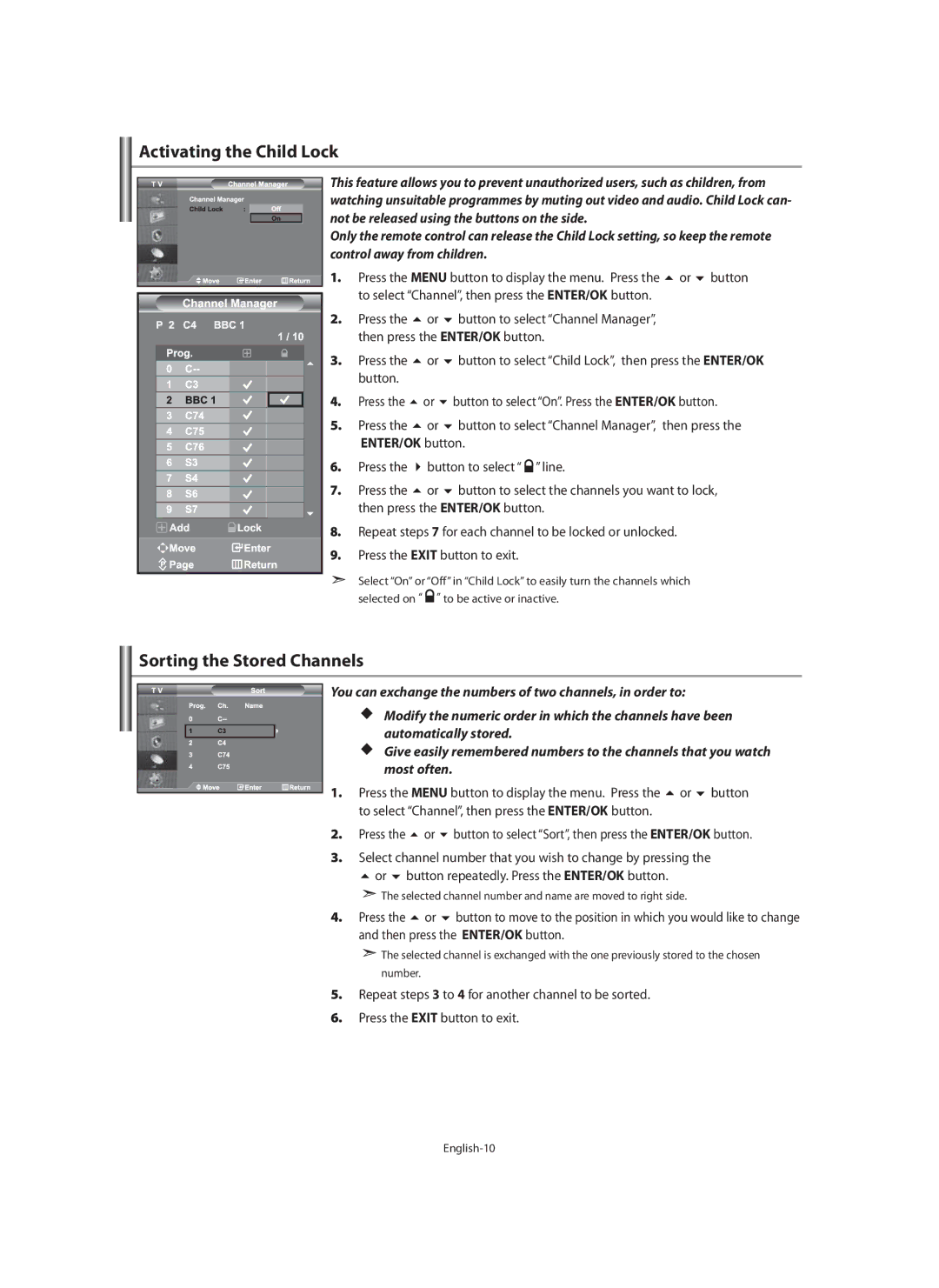 Samsung LE40M9 manual Activating the Child Lock, Sorting the Stored Channels, ENTER/OK button 