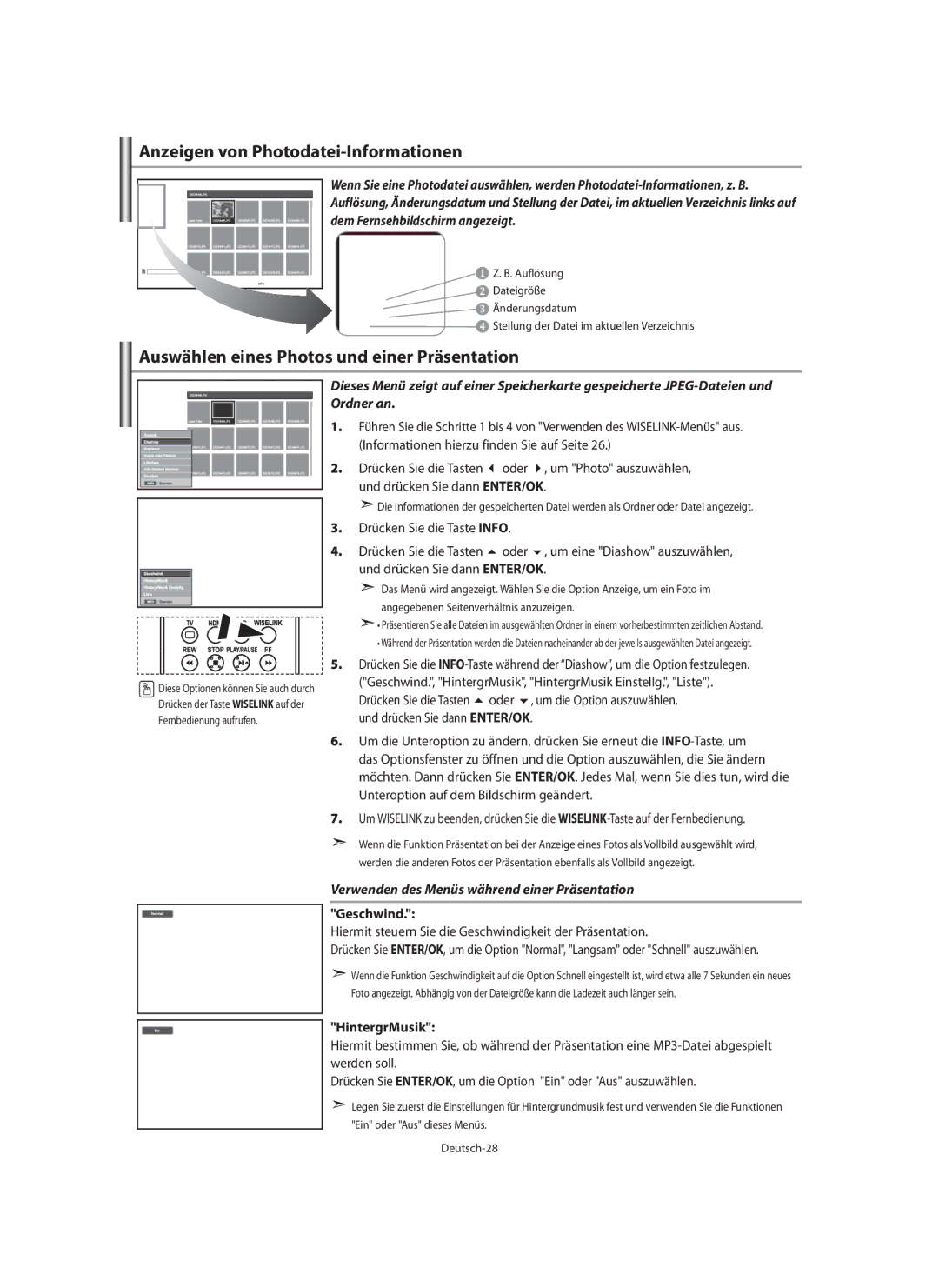 Samsung LE40M9 manual Anzeigen von Photodatei-Informationen, Auswählen eines Photos und einer Präsentation, Geschwind 