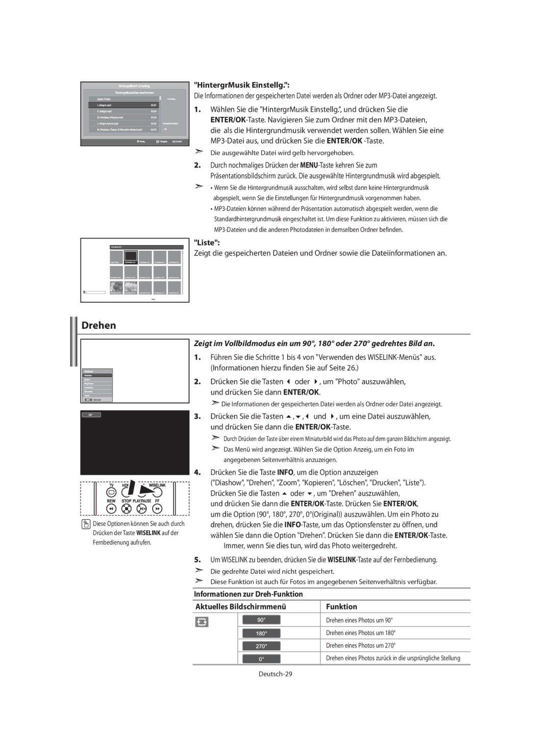 Samsung LE40M9 manual Drehen, HintergrMusik Einstellg, Immer, wenn Sie dies tun, wird das Photo weitergedreht 