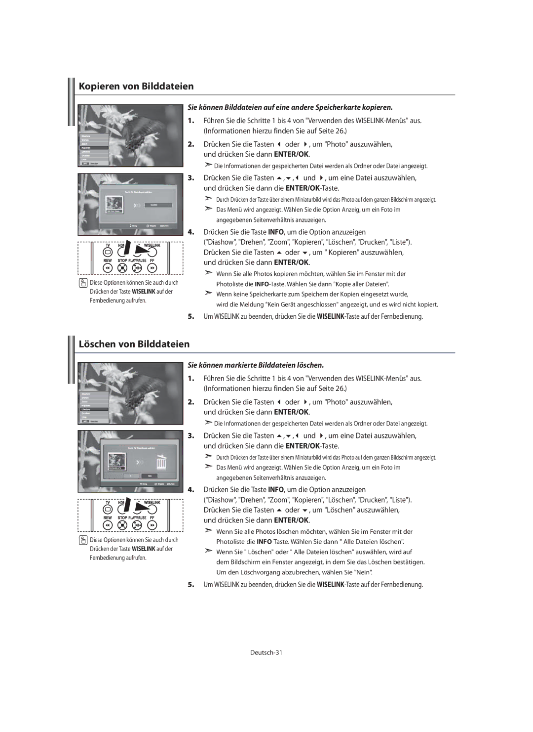 Samsung LE40M9 manual Kopieren von Bilddateien, Löschen von Bilddateien, Sie können markierte Bilddateien löschen 