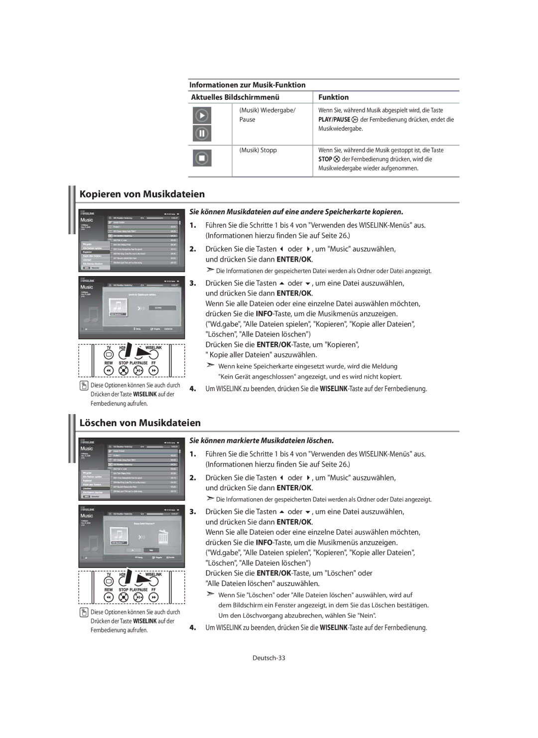 Samsung LE40M9 manual Kopieren von Musikdateien, Löschen von Musikdateien, Sie können markierte Musikdateien löschen 