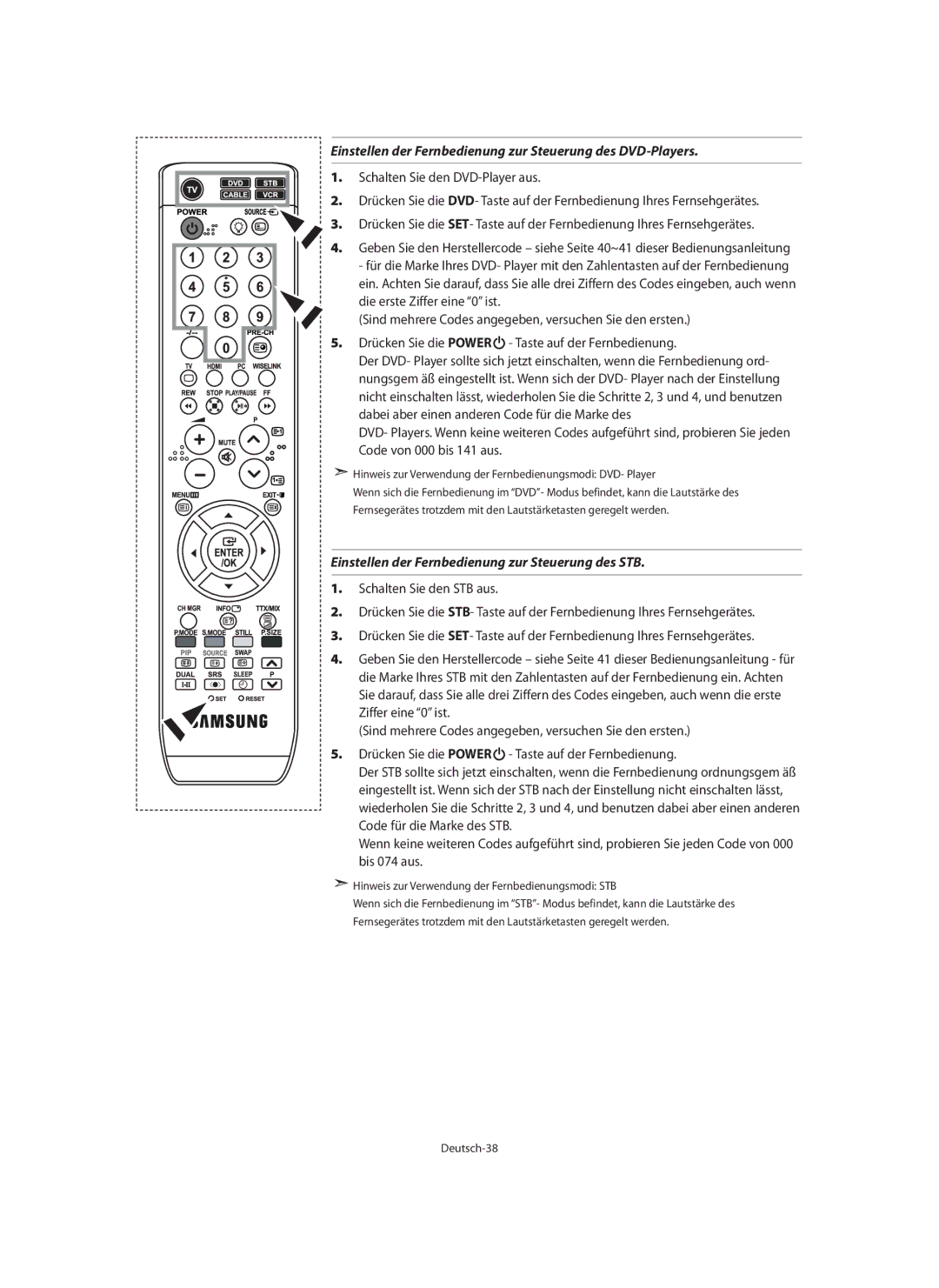 Samsung LE40M9 manual Einstellen der Fernbedienung zur Steuerung des DVD-Players 