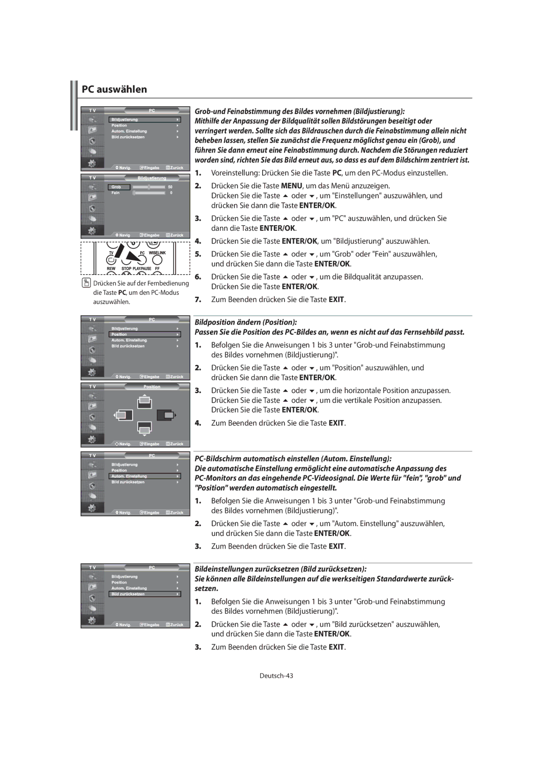 Samsung LE40M9 manual PC auswählen, Bildposition ändern Position, PC-Bildschirm automatisch einstellen Autom. Einstellung 