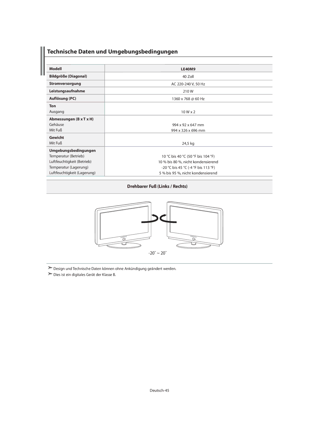 Samsung LE40M9 manual Technische Daten und Umgebungsbedingungen, Drehbarer Fuß Links / Rechts 