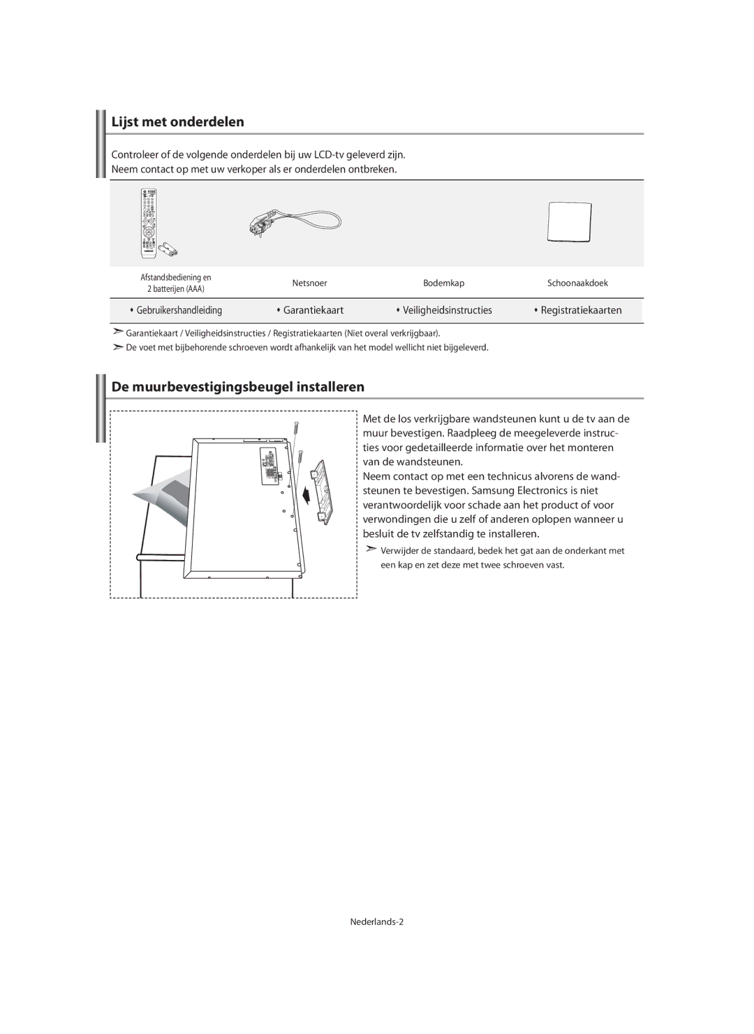 Samsung LE40M9 manual Lijst met onderdelen, De muurbevestigingsbeugel installeren, Netsnoer Bodemkap Schoonaakdoek 