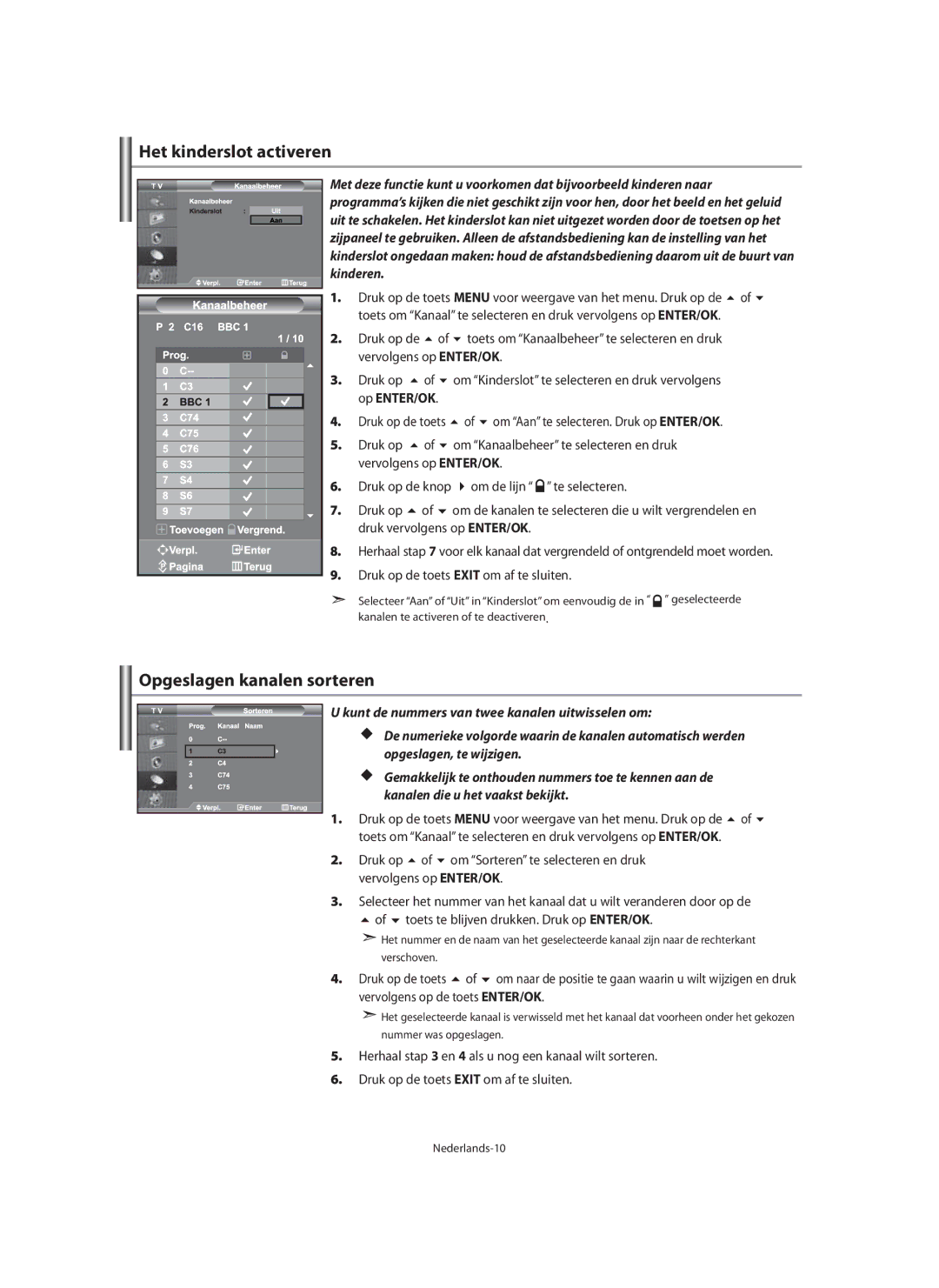 Samsung LE40M9 manual Het kinderslot activeren, Opgeslagen kanalen sorteren 