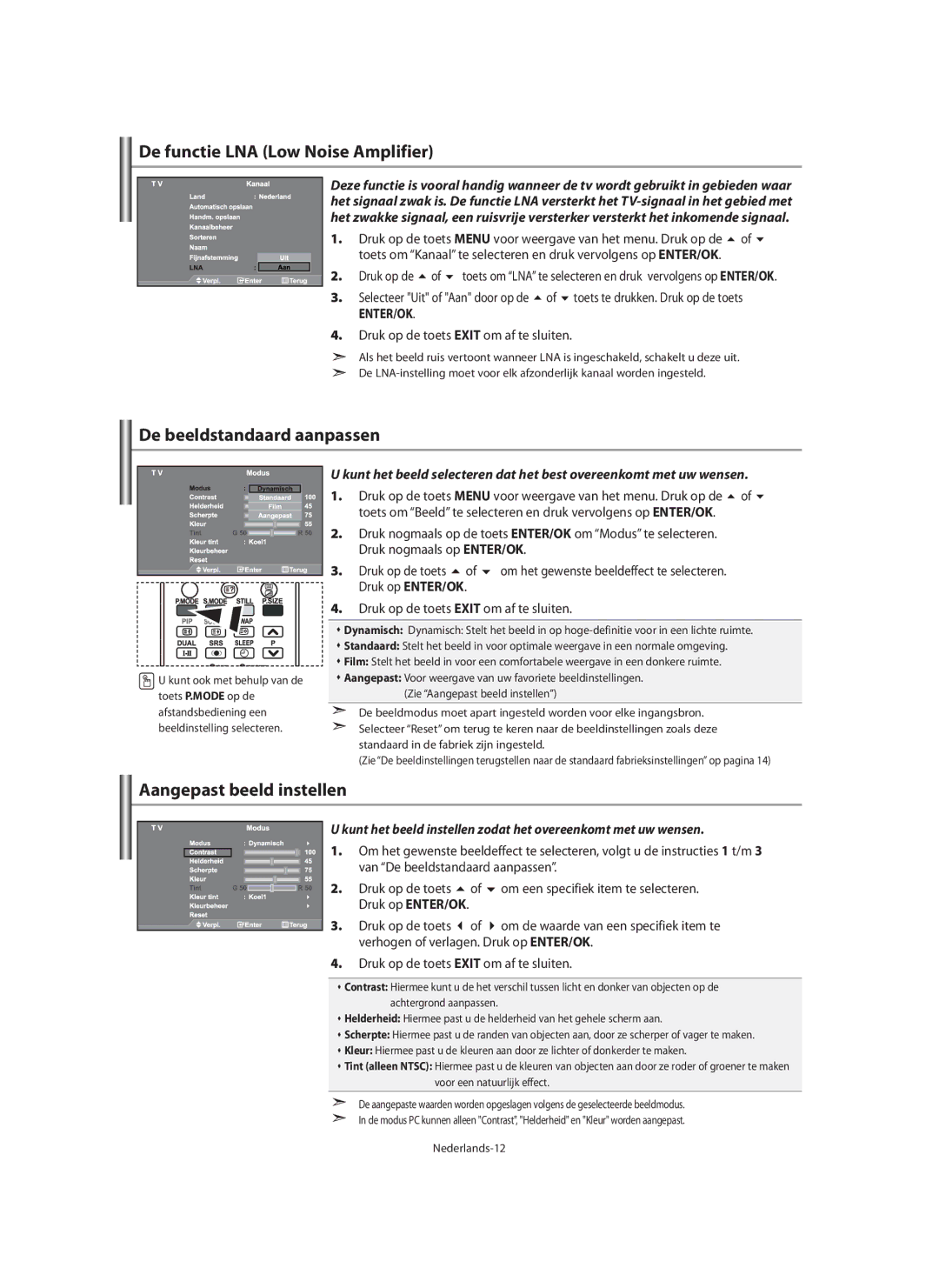 Samsung LE40M9 manual De functie LNA Low Noise Amplifier, De beeldstandaard aanpassen, Aangepast beeld instellen 