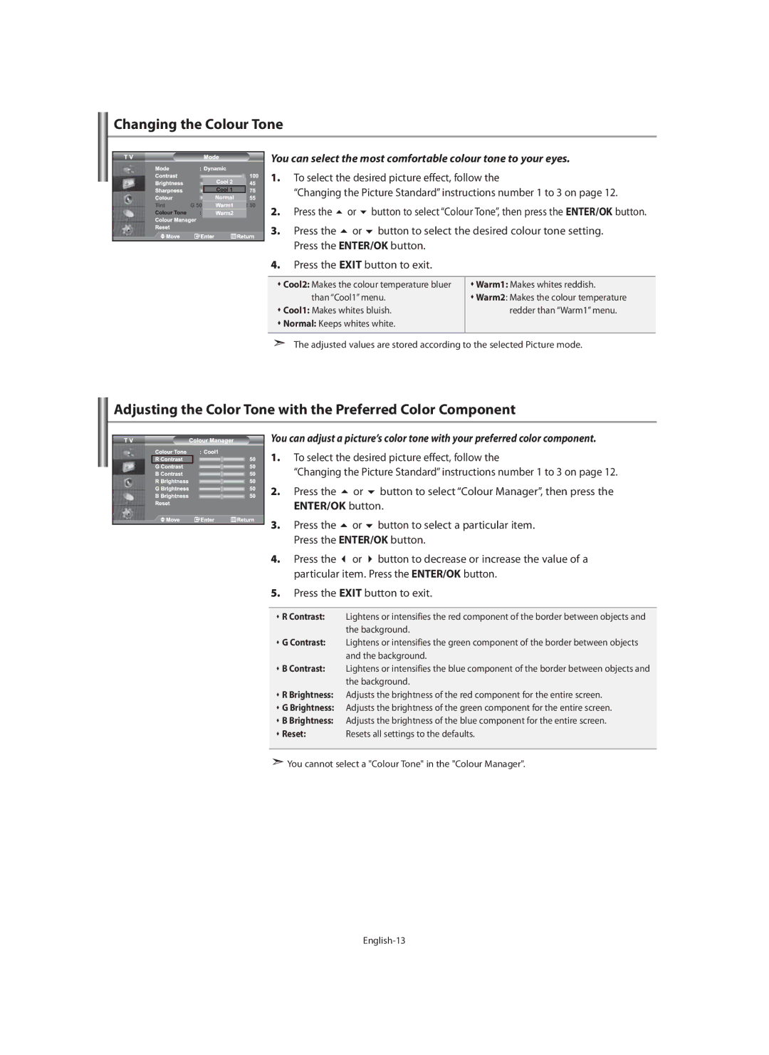 Samsung LE40M9 manual Changing the Colour Tone, Adjusting the Color Tone with the Preferred Color Component 