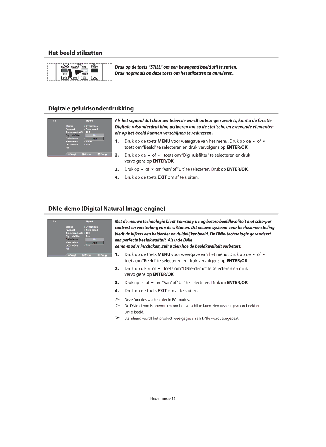Samsung LE40M9 manual Het beeld stilzetten, Digitale geluidsonderdrukking, DNIe-demo Digital Natural Image engine 