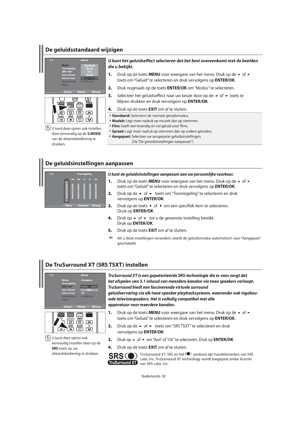 Samsung LE40M9 manual De geluidsstandaard wijzigen, De geluidsinstellingen aanpassen, De TruSurround XT SRS Tsxt instellen 