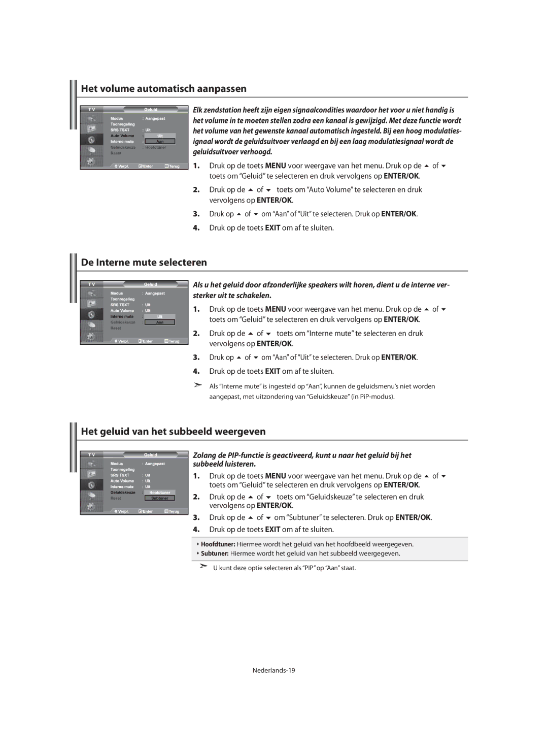 Samsung LE40M9 manual Het volume automatisch aanpassen, De Interne mute selecteren, Het geluid van het subbeeld weergeven 