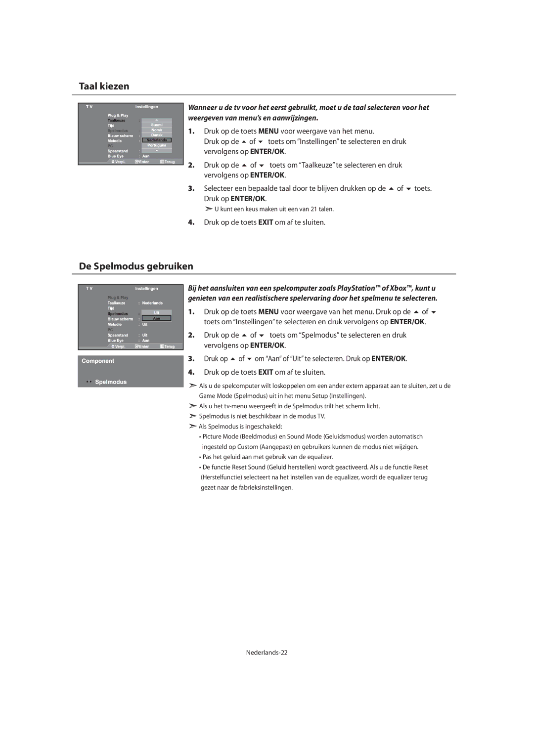 Samsung LE40M9 manual Taal kiezen, De Spelmodus gebruiken, Druk op de toets Menu voor weergave van het menu 