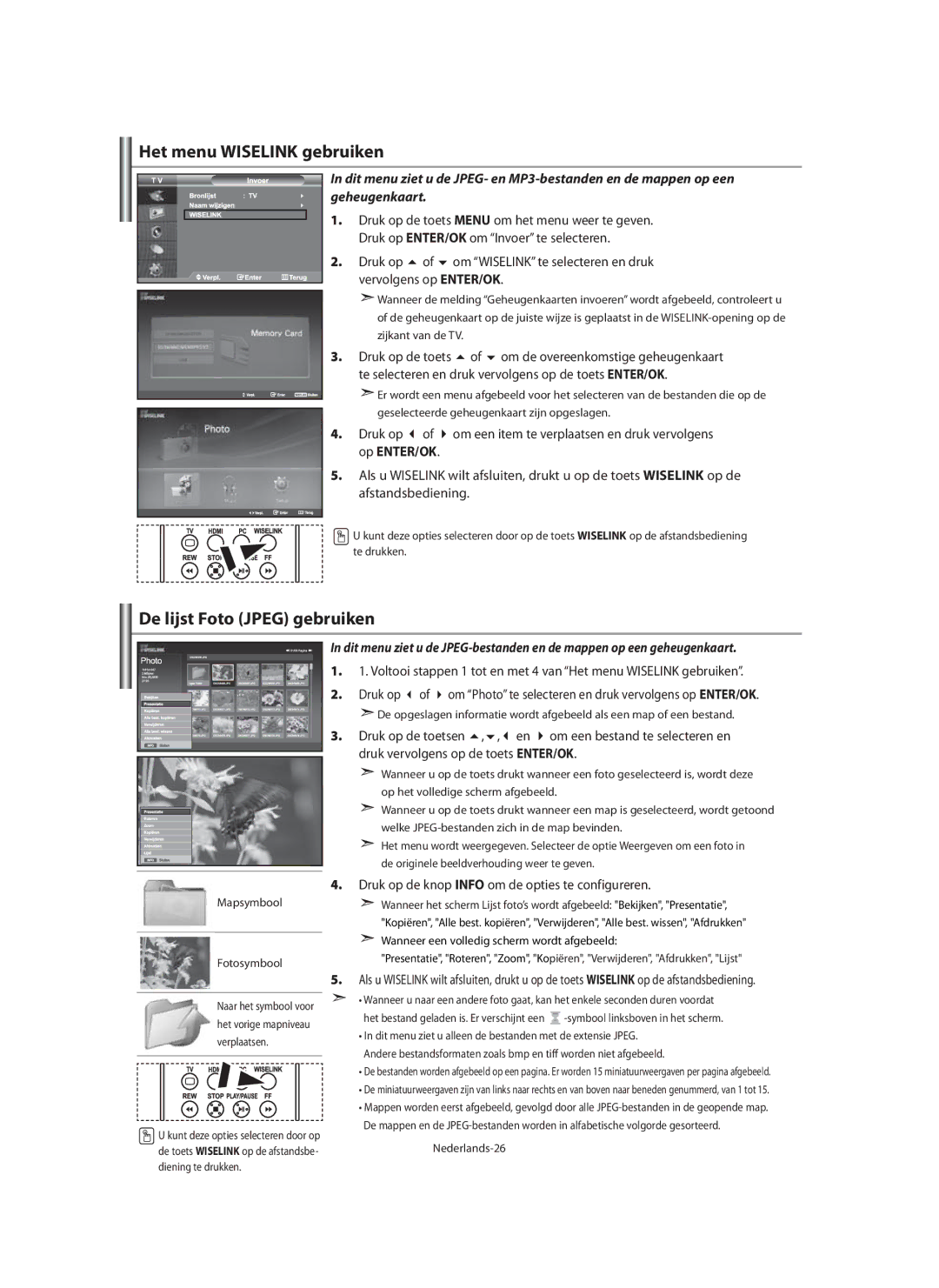 Samsung LE40M9 manual Het menu Wiselink gebruiken, De lijst Foto Jpeg gebruiken, Druk vervolgens op de toets ENTER/OK 