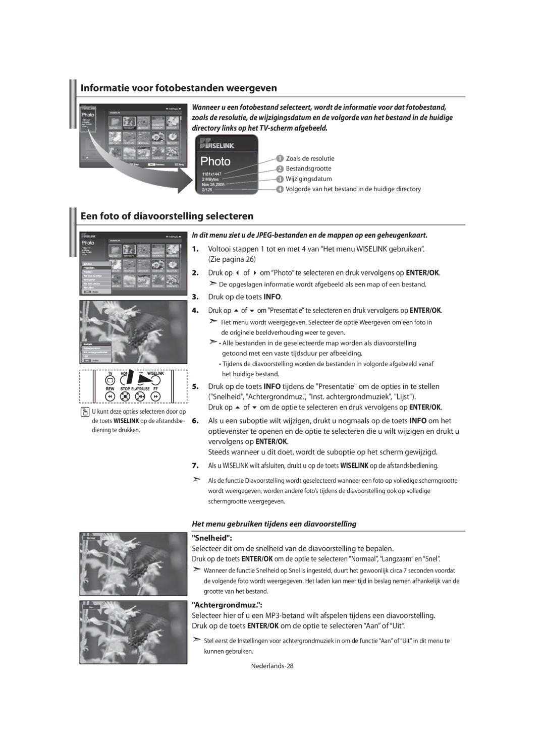 Samsung LE40M9 Informatie voor fotobestanden weergeven, Een foto of diavoorstelling selecteren, Snelheid, Achtergrondmuz 