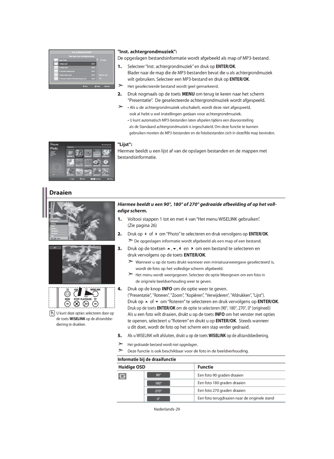 Samsung LE40M9 manual Draaien, Inst. achtergrondmuziek, Informatie bij de draaifunctie Huidige OSD Functie 