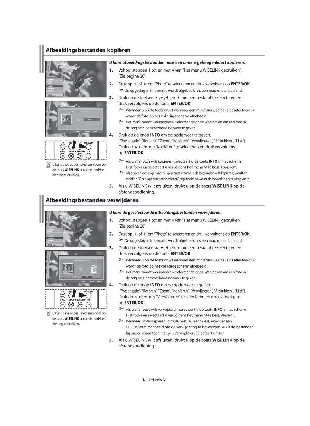 Samsung LE40M9 manual Afbeeldingsbestanden kopiëren, Afbeeldingsbestanden verwijderen, Nederlands-31 