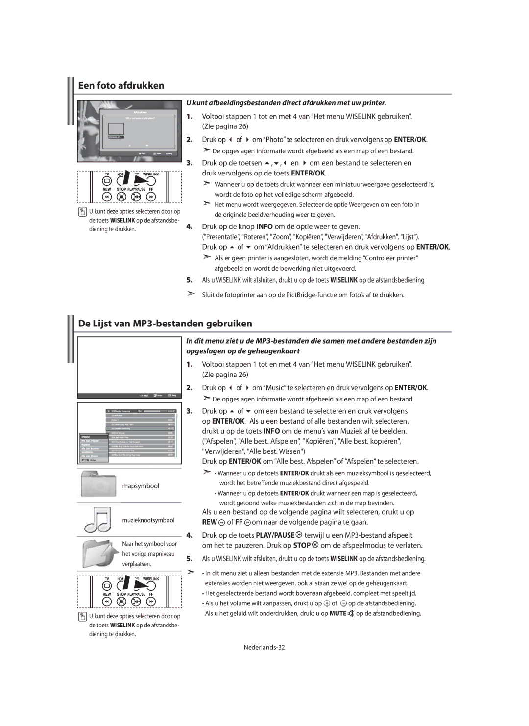 Samsung LE40M9 manual Een foto afdrukken, De Lijst van MP3-bestanden gebruiken, Muzieknootsymbool, Nederlands-32 