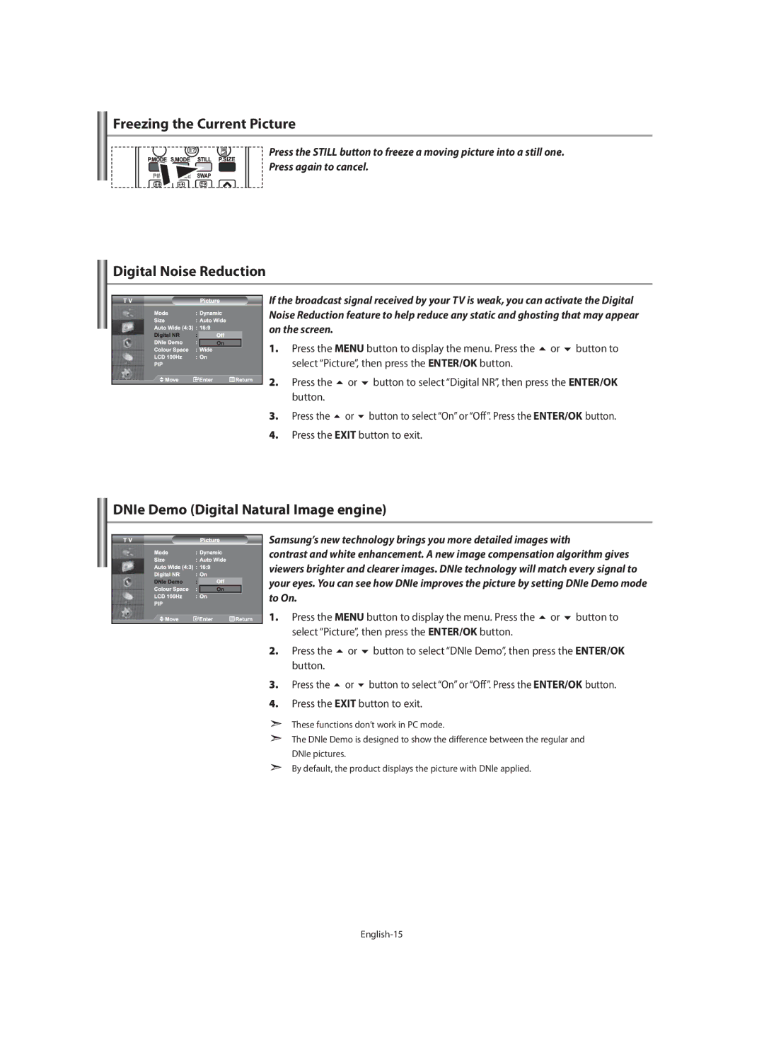 Samsung LE40M9 manual Freezing the Current Picture, Digital Noise Reduction, DNIe Demo Digital Natural Image engine 