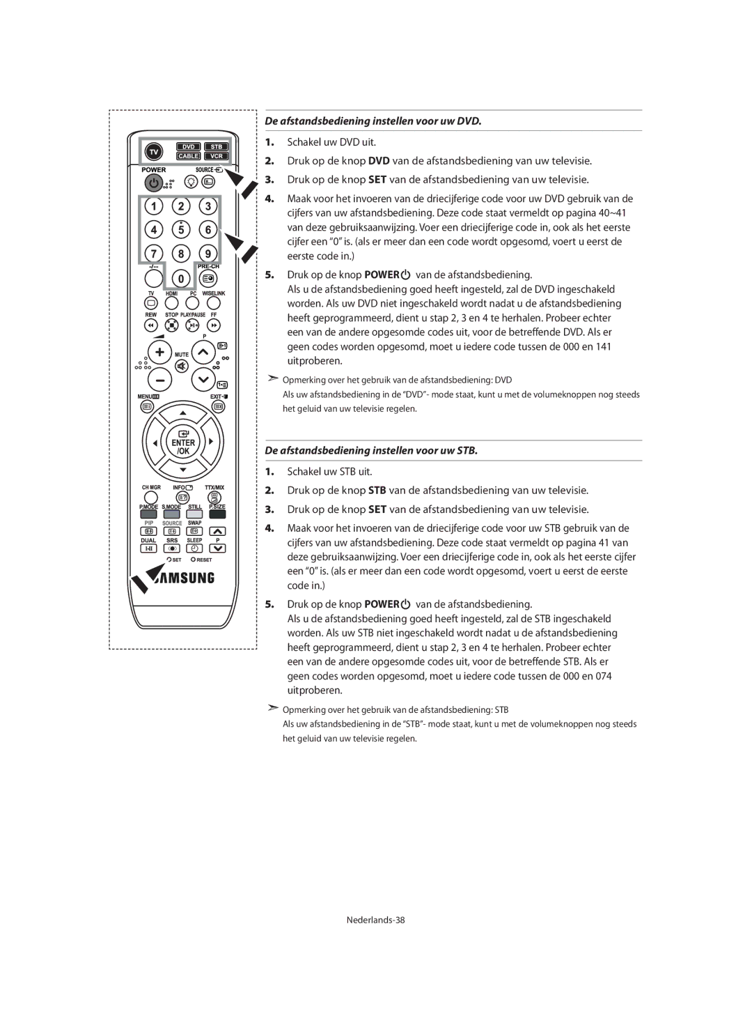 Samsung LE40M9 manual De afstandsbediening instellen voor uw DVD, De afstandsbediening instellen voor uw STB 