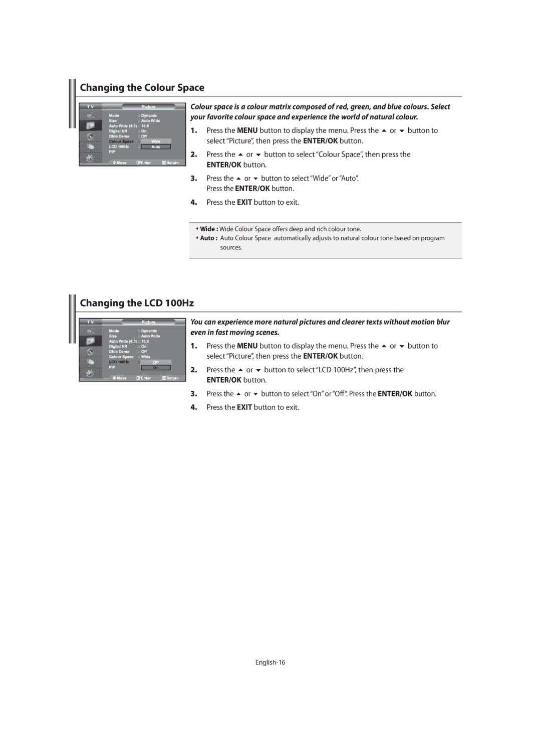 Samsung LE40M9 manual Changing the Colour Space, Changing the LCD 100Hz, Press Button to select Colour Space, then press 