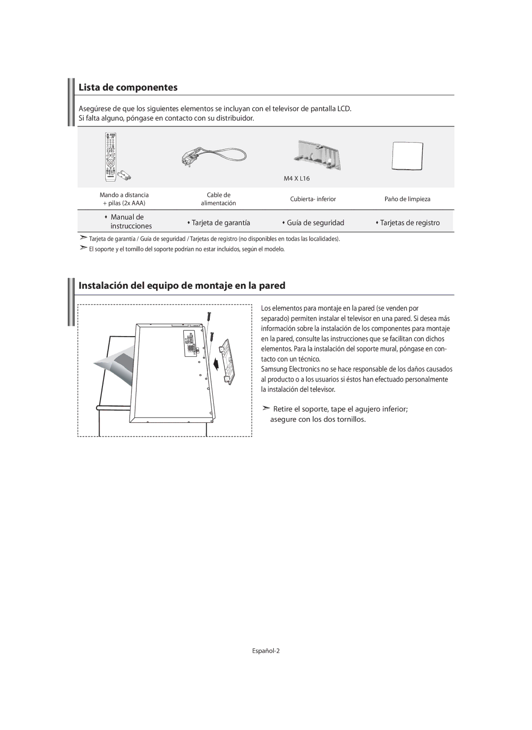 Samsung LE40M9 manual Lista de componentes, Instalación del equipo de montaje en la pared, Instrucciones 