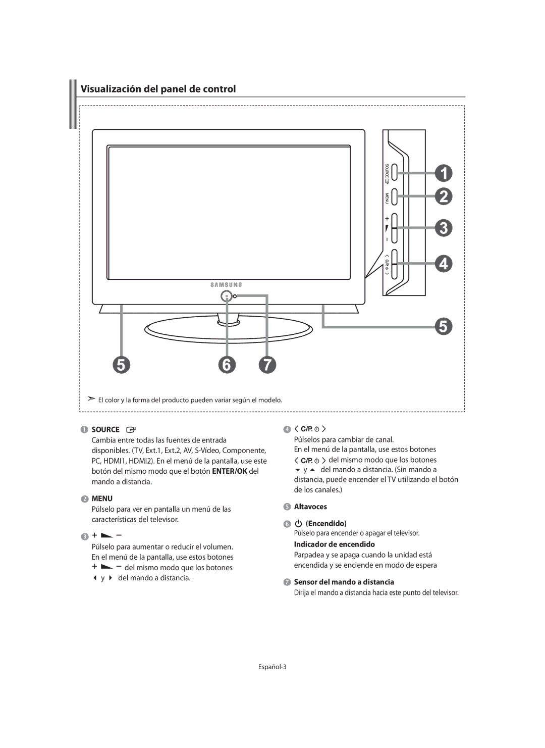 Samsung LE40M9 manual Visualización del panel de control, Altavoces Encendido, Indicador de encendido 